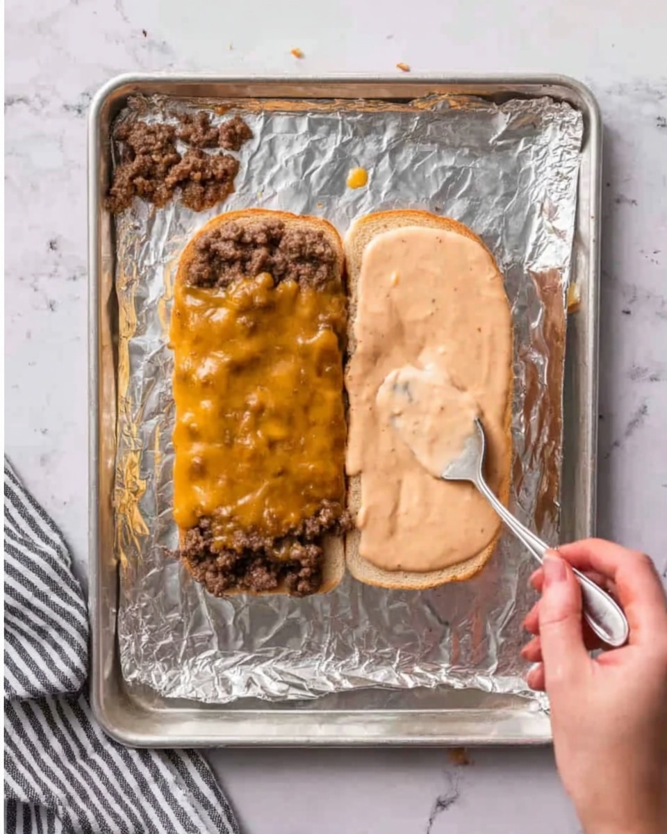 The image shows two halves of a sandwich on a foil-covered metal baking sheet with a white marbled surface underneath. The left half has a layer of browned ground meat topped with a thick, golden-brown sauce, while the right half is being spread with a smooth, light pink sauce by a woman's hand holding a spoon. Small crumbs of meat are scattered around the sandwich on the foil, and a striped cloth is partially visible on the left side. The scene feels like a work in progress, with the sandwich open and ready to be put together. Photo taken with an iphone --ar 4:5 --v 7