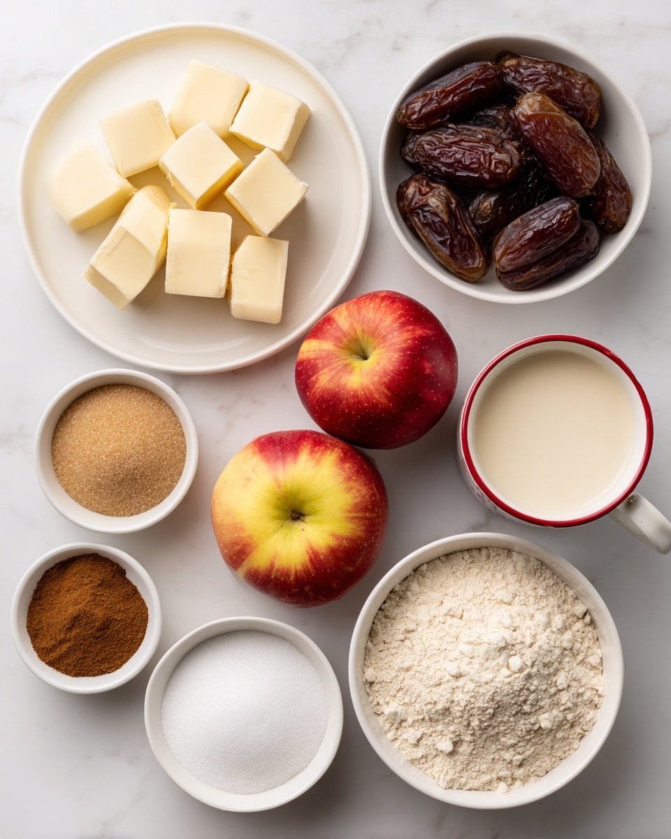 The image shows an assortment of ingredients laid out on a white marbled surface, each in white bowls or plates except one cup which is partially white with a red rim, filled with dairy-free milk. In the top left, there is a round white plate holding six cubes of pale vegan butter. To the right, a white bowl is full of dark brown, wrinkled dates. Below the dates and vegan butter, there are two red apples with yellow streaks placed side by side. Near the apples, there is a small white bowl filled with light brown sugar. Towards the bottom left, a white bowl holds white baking powder and soda powder. Below the sugar bowl is a smaller white dish containing brown cinnamon powder. Near the bottom right, a larger white bowl holds a mound of white flour. To the right of the apples is a white cup filled with light beige dairy-free cream. The arrangement is neat and clear, with all ingredients visible in natural light. Photo taken with an iphone --ar 4:5 --v 7