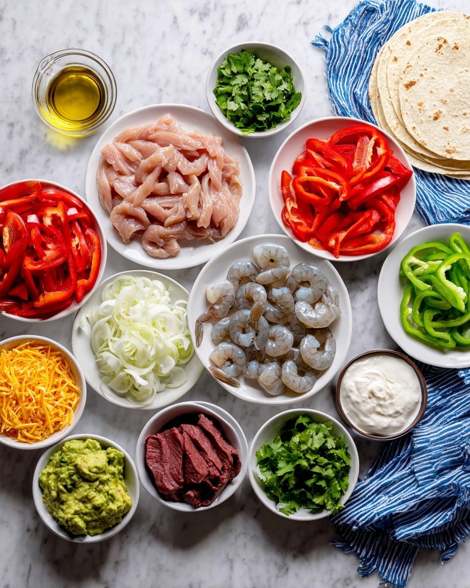 A flat lay image showing an assortment of fresh ingredients on a white marbled surface arranged neatly in white bowls and plates. There are three white plates with raw light pink chicken strips, dark red raw beef slices, and grayish raw shrimp arranged in a circle. Around them are white bowls filled with bright red sliced bell peppers, white sliced onions, green sliced bell peppers, chopped red tomatoes, shredded yellow cheese, green chopped cilantro, mashed green guacamole, dark brown sauce, white sour cream, and chopped green lettuce. Three soft flour tortillas are stacked on the surface near the top right corner next to a folded blue and white striped cloth. A small glass dish with golden olive oil is near the top left. The setup shows a colorful, fresh mix of ingredients ready for making tacos or fajitas, photo taken with an iphone --ar 4:5 --v 7