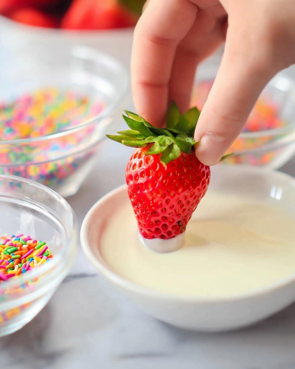 A close-up image shows a woman's hand dipping a bright red strawberry with green leaves into a white bowl filled with smooth white chocolate. Behind it, two clear glass bowls hold colorful small round sprinkles, adding a splash of vivid colors to the soft white marbled surface. The scene focuses on the vibrant contrast between the red strawberry and creamy white chocolate. photo taken with an iphone --ar 4:5 --v 7