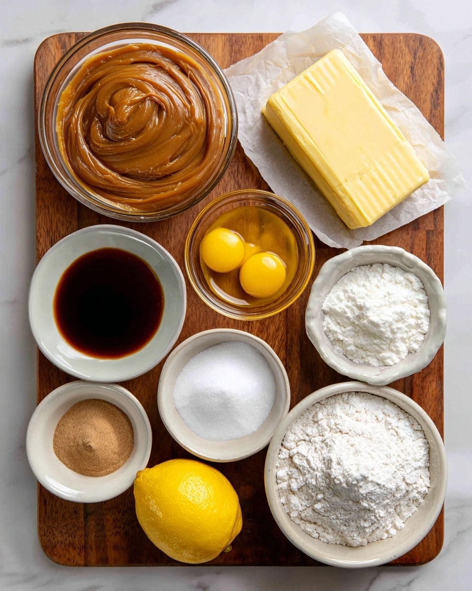 A wooden board is shown with several small clear glass bowls and a white plate holding ingredients. At the top left is a bowl of thick, smooth caramel-colored dulce de leche. To its right is a rectangular block of yellow butter partially unwrapped from white paper. Below the dulce de leche, a small glass bowl contains dark brown vanilla extract. Next to it, a bowl holds two bright yellow egg yolks. At the top right, a small bowl with white baking soda is visible. Moving left below the vanilla, another bowl contains white powdered sugar. To the right of that is a bowl with white baking powder. At the bottom left is a whole yellow lemon. To the right, two white bowls hold white corn starch and all purpose flour with a slightly rough texture, respectively. The surface is a white marbled texture. Photo taken with an iphone --ar 4:5 --v 7