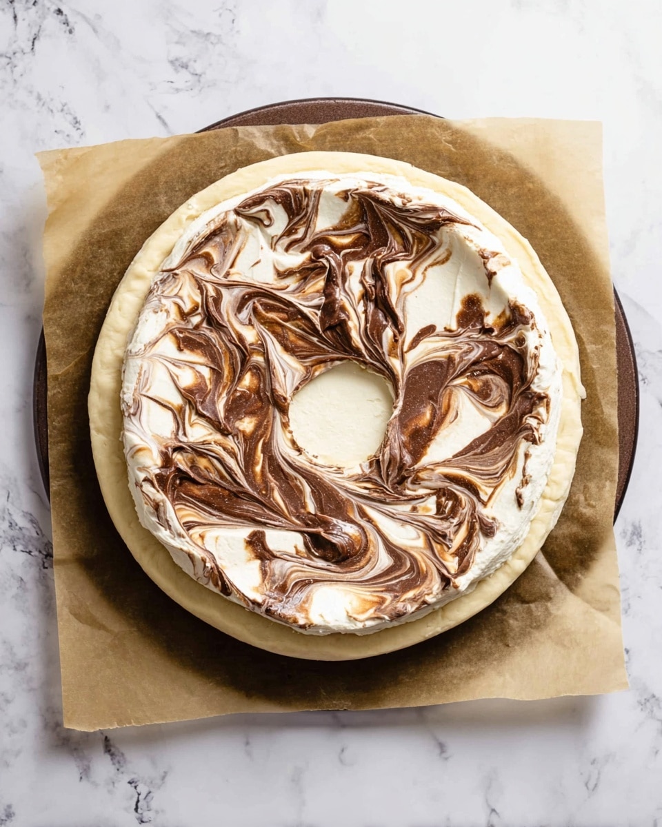A round dessert with three visible layers sits on a round dark board with brown parchment paper underneath, placed on a white marbled surface. The bottom layer is a thick, pale dough ring with a smooth edge, leaving a hole in the center. On top of this is a thick, creamy white layer spread evenly in the dough circle, with a smooth texture. The top layer consists of brown and white swirls of chocolate and cream mixed together, creating a marbled pattern that covers the creamy layer in a waving design. The hole in the middle remains open and clear. photo taken with an iphone --ar 4:5 --v 7