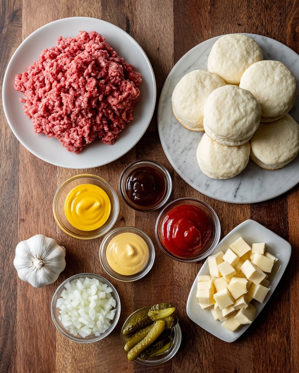 The image shows a top view of ingredients arranged neatly on a white marbled surface. On the left is a white plate with a large mound of pinkish ground beef. To the right, a white plate holds a stack of pale, round canned biscuits with a soft, smooth texture. Small clear glass bowls hold bright yellow mustard, dark brown Worcestershire sauce, glossy red ketchup, and cubed creamy orange American cheese. Another glass bowl contains small, white chopped onion pieces, and a smaller container on the left holds light green dill pickles. A whole bulb of white garlic sits near the center. All items are placed on a rich brown wooden surface beneath the white marbled texture. photo taken with an iphone --ar 4:5 --v 7