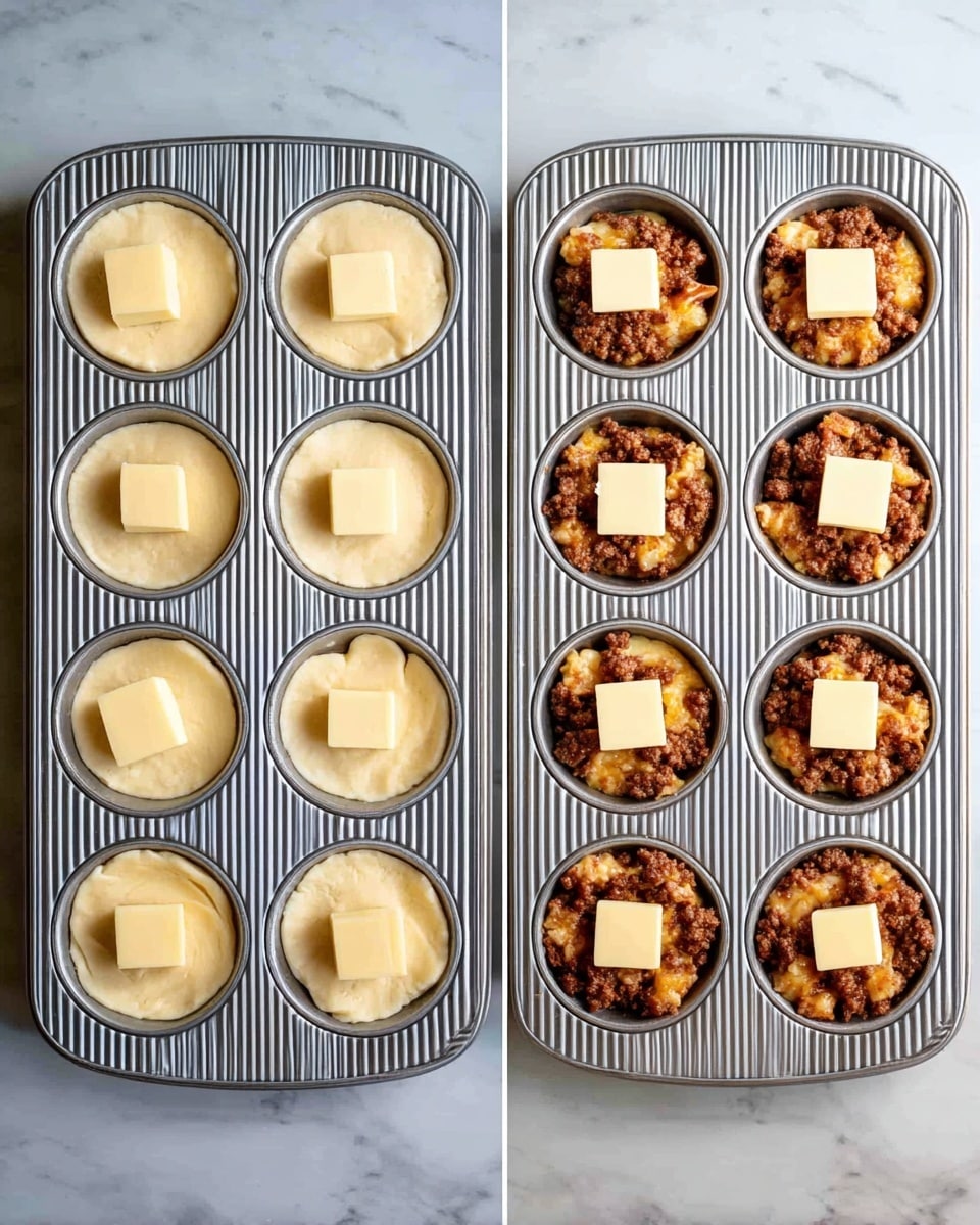 Two metal muffin trays each with 12 round cups placed side by side on a white marbled surface. On the left tray, each cup has a layer of light dough pressed inside, topped with a small square of pale yellow cheese in the middle. On the right tray, each cup has the same dough base, now filled with a crumbled, browned meat mixture, and each also topped with a small square of pale yellow cheese. The trays have a ribbed texture and are clean and shiny. Photo taken with an iphone --ar 4:5 --v 7