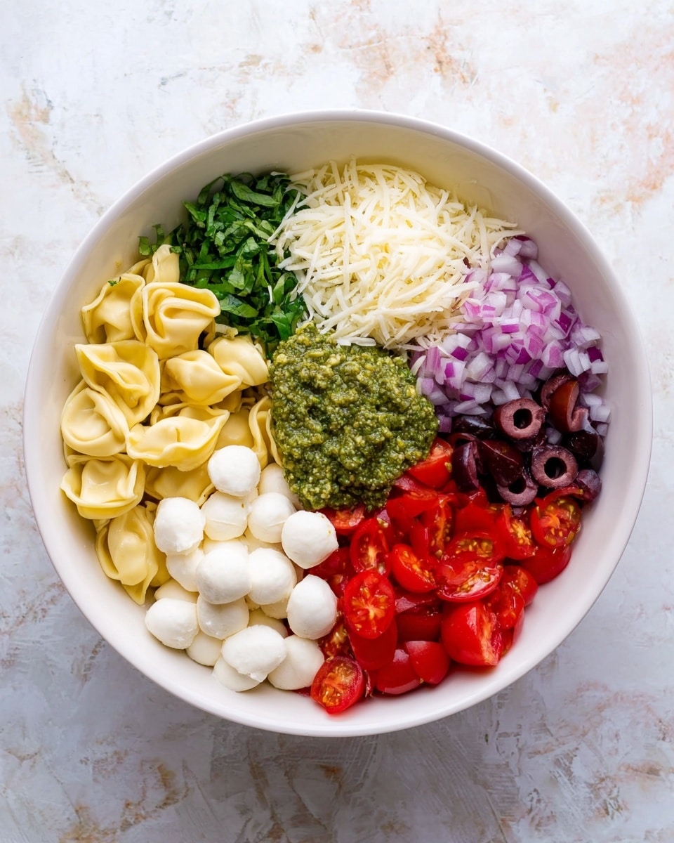 A white bowl sits on a white marbled surface, filled with six distinct layers arranged next to each other. The bottom left layer is cooked tortellini pasta, pale yellow with soft, folded shapes. Above it is finely chopped fresh basil, bright green. To the right of the basil is a heap of shredded white cheese, light and fluffy. Next is a small mound of chopped red onions, purple and finely diced. Beside the onions are dark purple sliced olives ringed at the edges. Centered over the pasta layers is a dollop of green pesto sauce, coarse textured. On the far right, there are halved bright red grape tomatoes, shiny and juicy, and below these are small white mozzarella balls, smooth and round. The whole image is well lit and clear, photo taken with an iphone --ar 4:5 --v 7