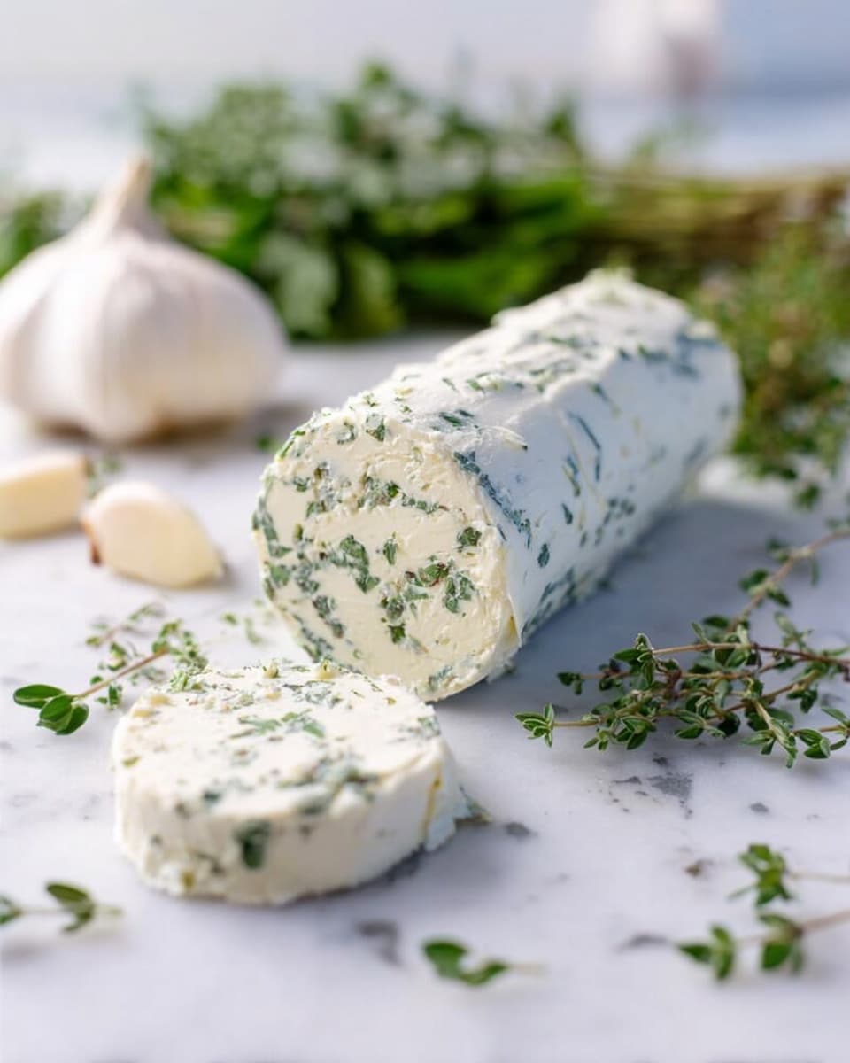 A rolled log of white herb butter speckled with finely chopped green herbs lies on a white marbled surface, with one round slice taken from the end showing the creamy texture and herb distribution inside. Small green herb sprigs and leaves are scattered around the log adding a fresh touch. In the background, some whole garlic cloves and bundles of fresh green herbs sit softly out of focus. The lighting is bright and natural, highlighting the smooth and slightly textured surface of the butter roll photo taken with an iphone --ar 4:5 --v 7