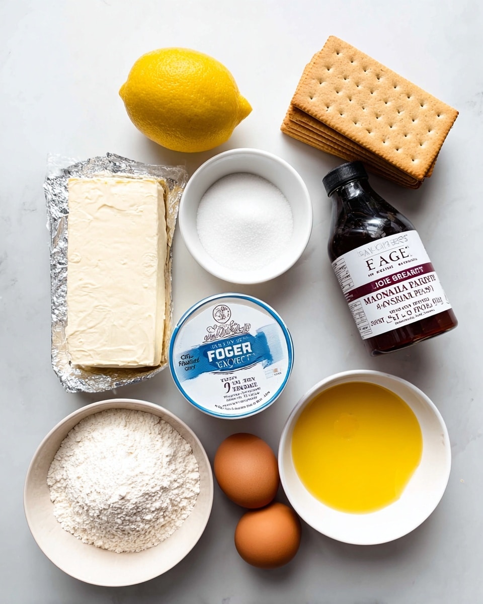 A set of ingredients is shown on a white marbled surface, including a block of cream cheese on foil with a soft white texture in the center left, a small white bowl filled with white sugar above it, and a fresh yellow lemon above the sugar. To the right of the lemon are several light brown graham crackers stacked vertically. Next to the crackers is a brown bottle labeled