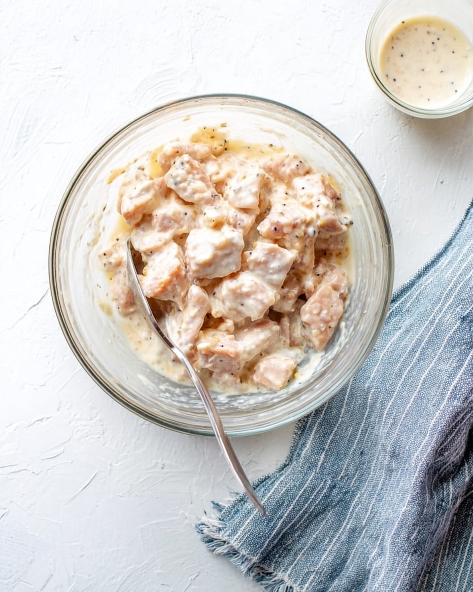A clear glass bowl sits on a white marbled surface, filled with small, uneven pieces of light pink meat coated in a creamy white sauce with visible black pepper specks. A silver spoon is partially inside the bowl, resting against the rim. To the right of the bowl, a small glass container holds an off-white sauce. Below the bowl, there is a blue and white striped cloth with frayed edges casually folded. The scene is bright and clean. Photo taken with an iphone --ar 4:5 --v 7
