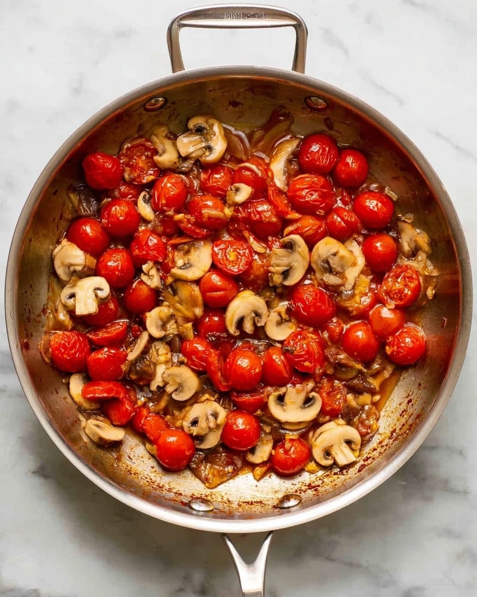 The image shows a stainless steel pan with two handles on a white marbled surface. Inside the pan, there are cooked cherry tomatoes, some whole and some sliced in half, mixed with sliced mushrooms. The tomatoes are bright red and softened, while the mushrooms are light beige with a slightly browned texture. The ingredients are evenly spread across the pan, showing a glossy sauce that coats them lightly. The pan's interior has a slightly worn look with some sauce streaks visible near the edges. photo taken with an iphone --ar 4:5 --v 7