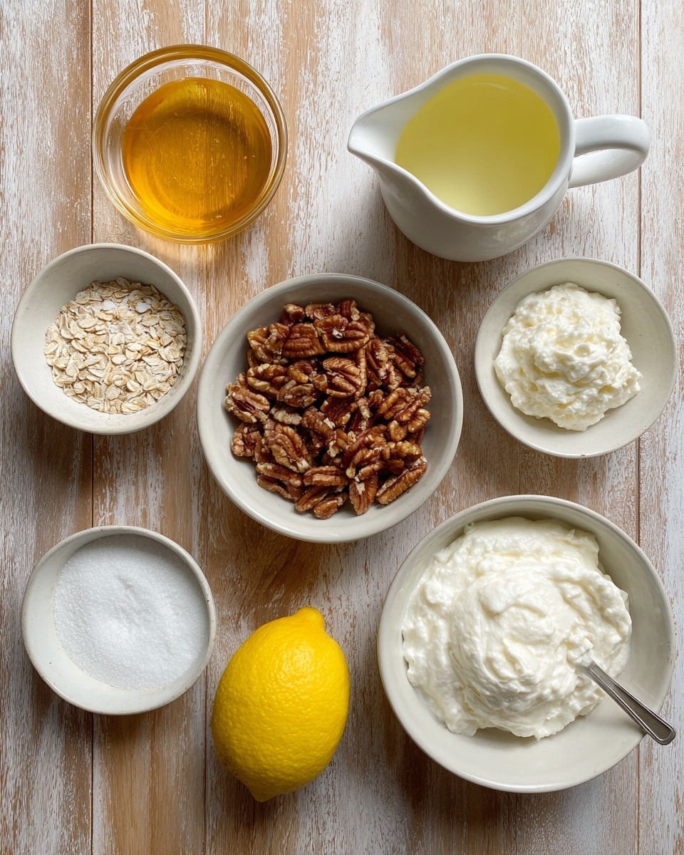 The image shows seven bowls and one lemon arranged on a wooden surface with a white marbled texture background. Starting from the top left, there is a small glass bowl filled with golden honey, next to it is a white pitcher with light yellow lemon juice, and a glass bowl filled with brown pecan nuts. Below them is a white bowl full of white cream cheese and another white bowl containing light beige instant oats. At the bottom left, a small round bowl holds a white powder labeled erythritol, and next to it is a large yellow lemon placed in the center. To the right, a white bowl holds white whipped cream with a metal spoon sticking out. Photo taken with an iphone --ar 4:5 --v 7