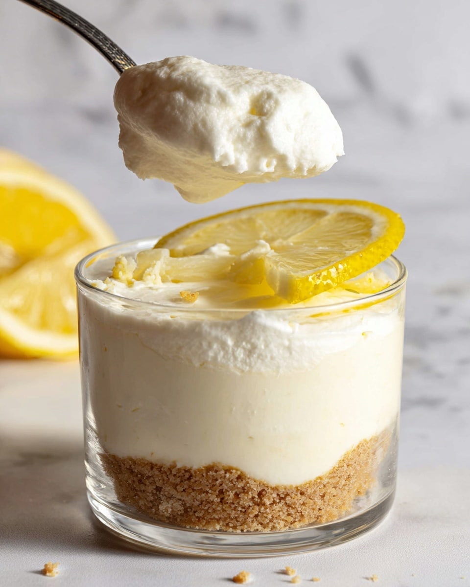 This image shows a small glass cup dessert with three layers. The bottom layer is crumbly and light brown, resembling a cookie crust. The middle layer is thick and creamy white, with a smooth texture. A slice of bright yellow lemon is pressed against the glass on one side, partly in the cream layer. The top layer is white and fluffy, with a spoon holding a scoop of it above the cup. The background is a white marbled surface. Photo taken with an iphone --ar 4:5 --v 7