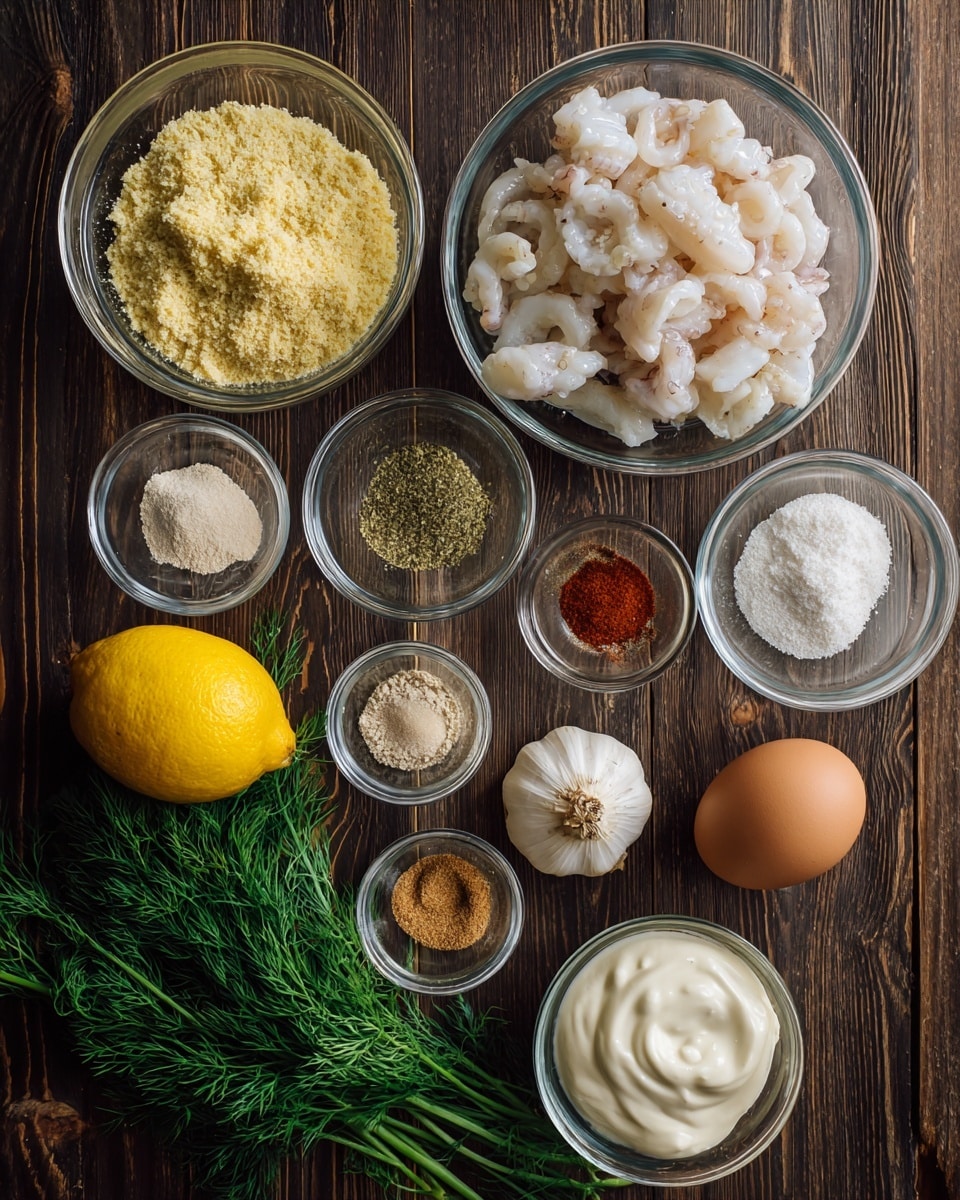 The image shows a top-down view of several clear glass bowls and loose ingredients arranged on a dark wooden surface. The largest bowl, near the top right, contains white and pale pink pieces of calamari. Surrounding it are smaller bowls filled with light yellow breadcrumbs, white flour, finely ground Italian seasoning, white salt, a mix of beige garlic powder, onion powder, and reddish paprika, clear water, and thick white mayonnaise. Outside the bowls, there is a whole yellow lemon, a whole brown egg, a bulb of garlic, and a bunch of fresh green dill with feathery leaves neatly placed on the bottom left. Each ingredient is labeled clearly with black text on white background near or inside each bowl or ingredient. photo taken with an iphone --ar 4:5 --v 7