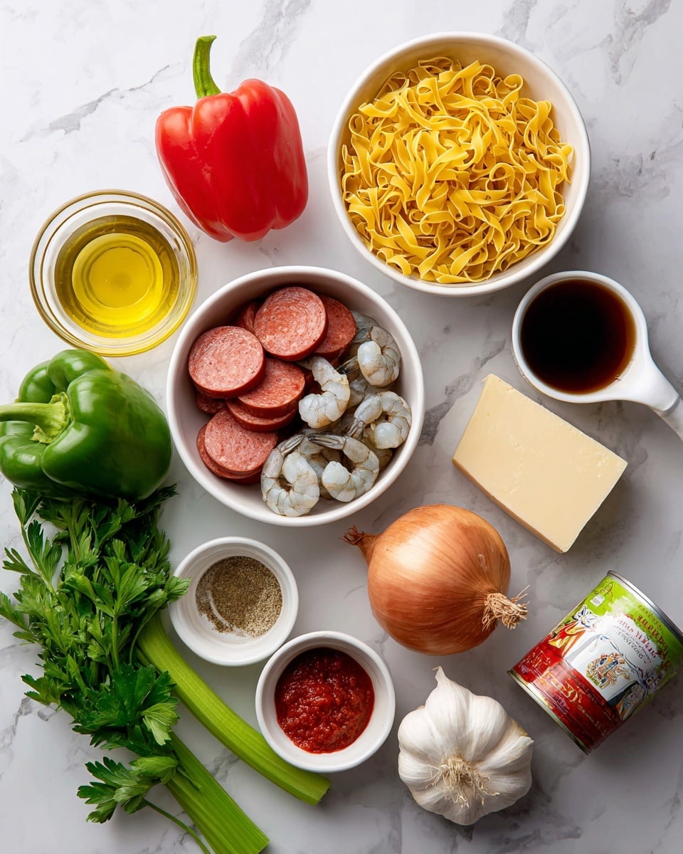 The image shows various ingredients arranged neatly on a white marbled surface. There are three white bowls: one filled with uncooked yellow pasta, one with slices of reddish-brown andouille sausage, and one with peeled raw shrimp that are pale and slightly gray. Near these bowls are fresh vegetables—a whole red bell pepper, a green bell pepper, a brown onion, a stalk of celery, a bulb of garlic, and a bunch of green parsley. A small white cup contains golden olive oil, while a clear measuring cup holds light brown broth. A chunk of pale yellow parmesan cheese is near a small white bowl of deep red tomato paste and a small white bowl of brownish creole seasoning. Two cans of tomatoes with colorful labels rest on the surface. All items are spread in a way that shows every ingredient clearly. Photo taken with an iphone --ar 4:5 --v 7