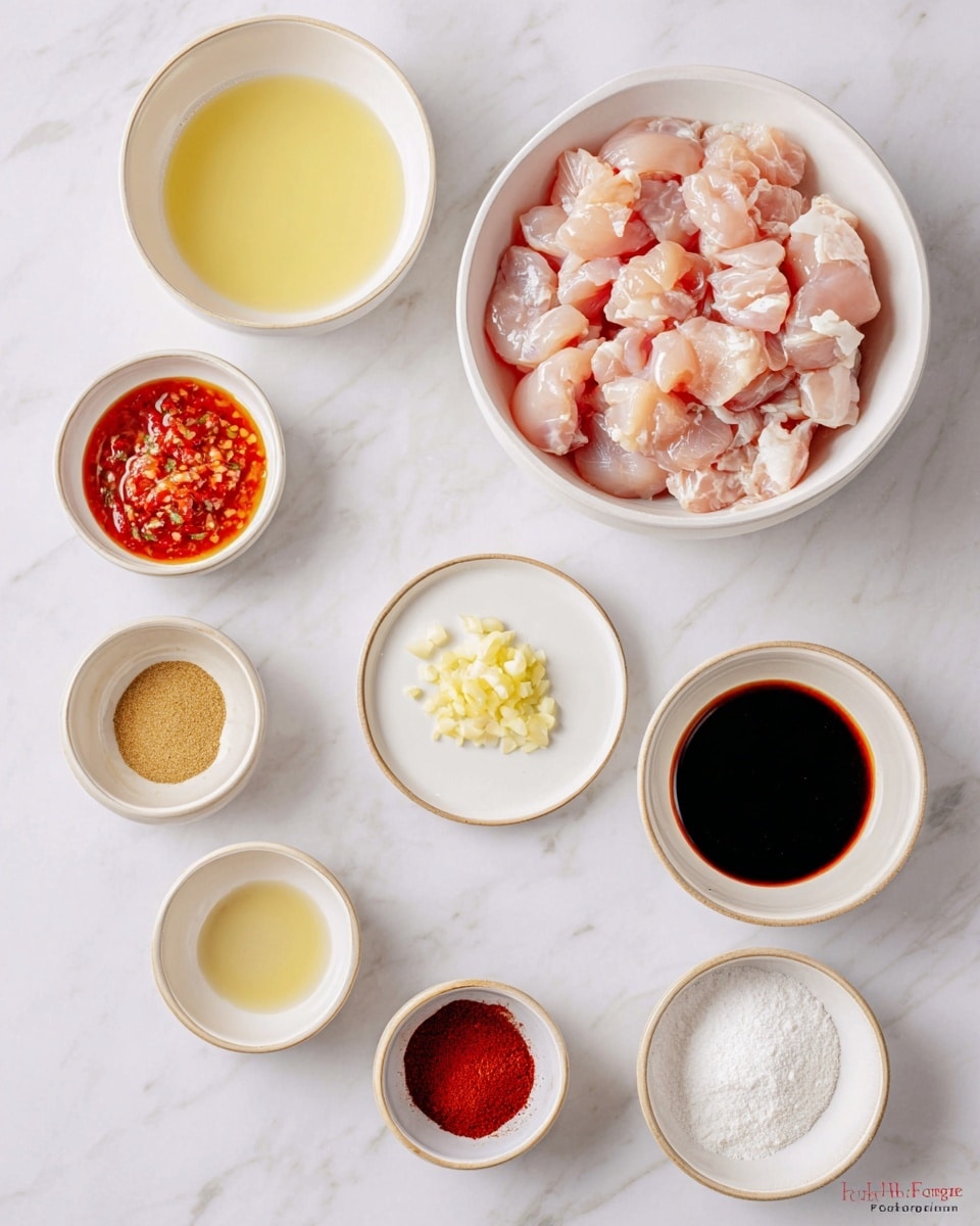 The image shows a white bowl filled with raw, chopped light pink chicken pieces placed on a white marbled surface. Surrounding the bowl are eight small white bowls with different ingredients: at the top left, a pale yellow liquid; top right, a bright red sauce with small bits; middle left, a small amount of yellow paste; center, finely chopped light yellow garlic on a small plate; middle right, a light yellow liquid; bottom left, a dark thick sauce; bottom center, a plate with three kinds of powders—red, dark brown, and light beige; and bottom right, two smaller bowls with white powders. All bowls have a simple design with a thin beige rim. photo taken with an iphone --ar 4:5 --v 7