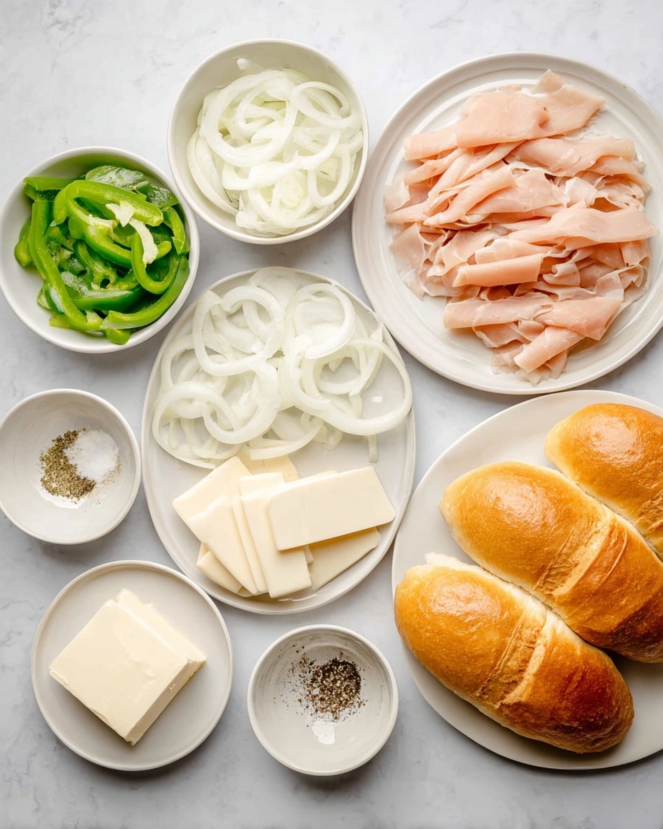 The image shows an overhead view of ingredients for a meal arranged on a white marbled texture. There are five golden brown sandwich rolls with a soft crust on a white plate to the right. In the center, a white plate holds pale pink thin strips of raw meat. Around it, several small white bowls contain thinly sliced white onions, sliced green bell peppers, round white slices of cheese, a creamy pale sauce, black pepper on a small white dish, and a small white plate with a white block of butter. The colors range from soft pastels in the meat and sauce to bright white and fresh green, all neatly placed in clean white dishes. Photo taken with an iphone --ar 4:5 --v 7