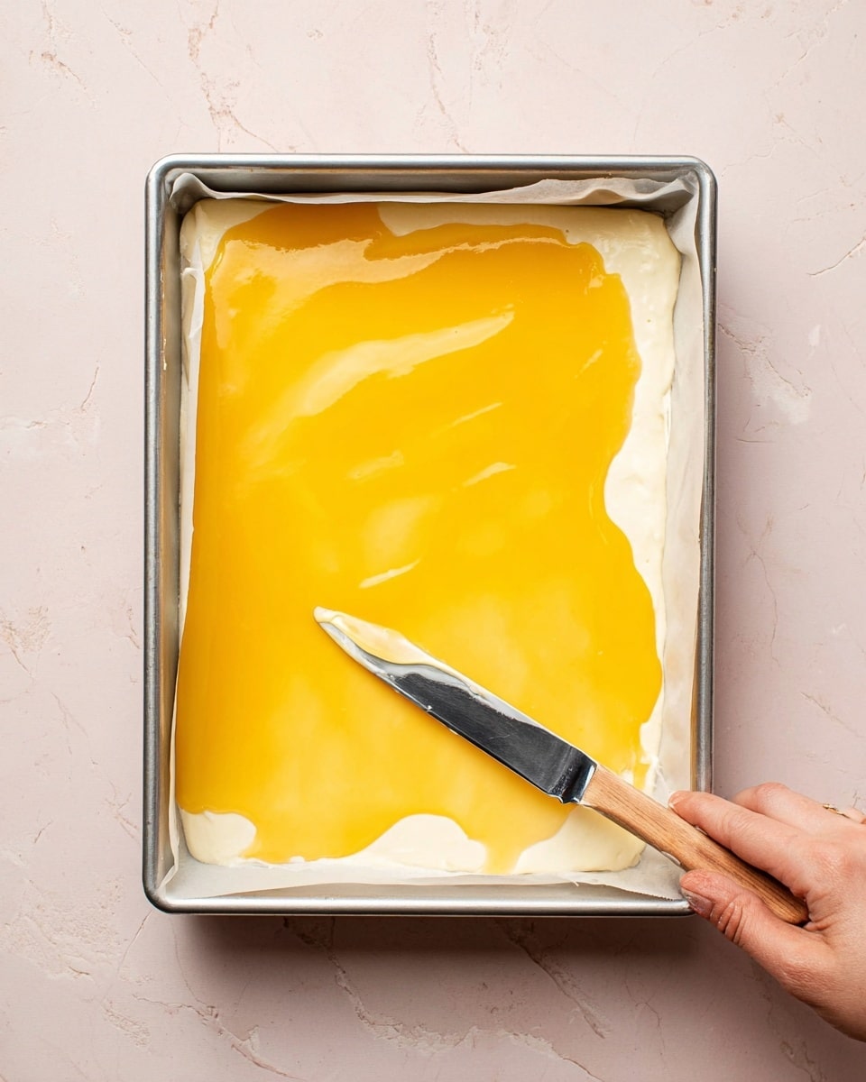 A rectangular metal baking pan lined with parchment paper holds a dessert with two visible layers. The bottom layer is thick and creamy white, smooth in texture. The top layer is a glossy, bright yellow jelly spread evenly over the white base. A woman's hand with light skin is holding a flat knife with a wooden handle, spreading the yellow layer smoothly. The pan is placed on a surface with a white marbled texture. Photo taken with an iphone --ar 4:5 --v 7