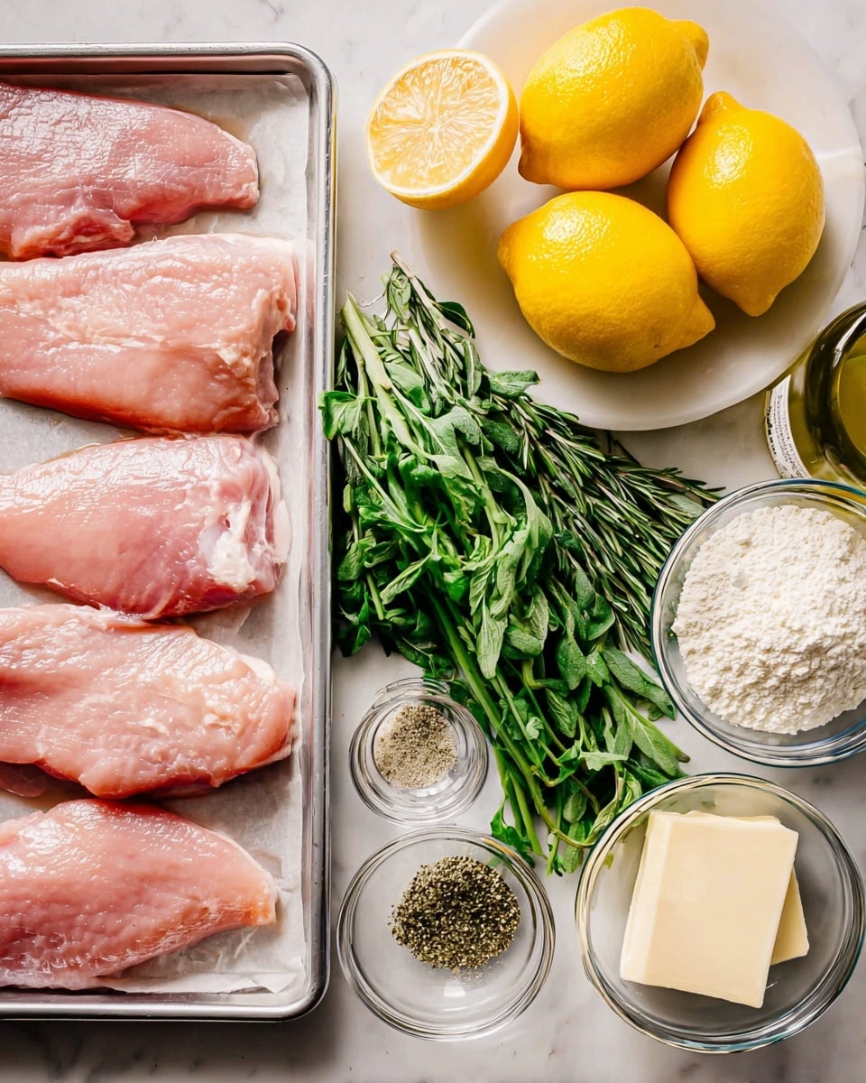 The image shows four raw thin meat pieces with a pinkish color, laid out flat on a silver baking tray on the left side. To the right of the tray, there is a white marbled surface holding several recipe ingredients including whole bright yellow lemons in a white bowl, one lemon cut in half showing the juicy yellow inside, a bunch of fresh green herbs with long narrow leaves, a small glass bowl filled with white flour, another small glass bowl containing ground black pepper, a glass bowl with two slices of pale yellow butter, a glass container of milk, and a bottle of olive oil. All the items are neatly arranged, creating a fresh and organized look. photo taken with an iphone --ar 4:5 --v 7