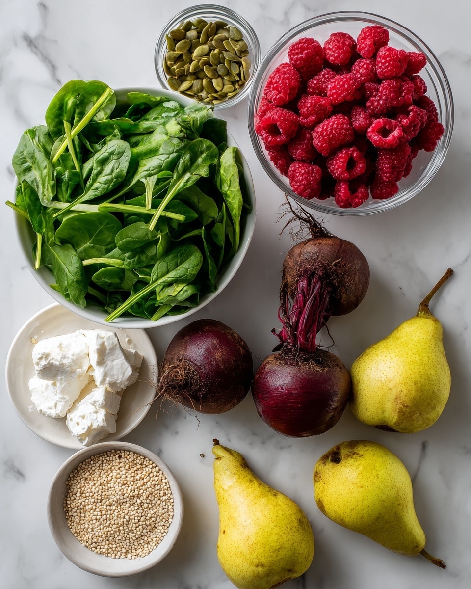 The image shows fresh ingredients arranged on a white marbled surface. There is a white bowl filled with green spinach and arugula leaves on the left. Above it, a small round bowl holds green pepitas. Two clear plastic containers are filled with bright red raspberries, placed near the top right. Two whole round beets with dark purple skin and stems are beside the raspberries. A small white plate with soft white goat cheese sits below the beets. At the bottom left, a small round bowl contains light beige quinoa grains. Two yellowish-green pears are placed on the right side of the image. The colors are vibrant with green, red, purple, white, and yellow tones. Photo taken with an iphone --ar 4:5 --v 7
