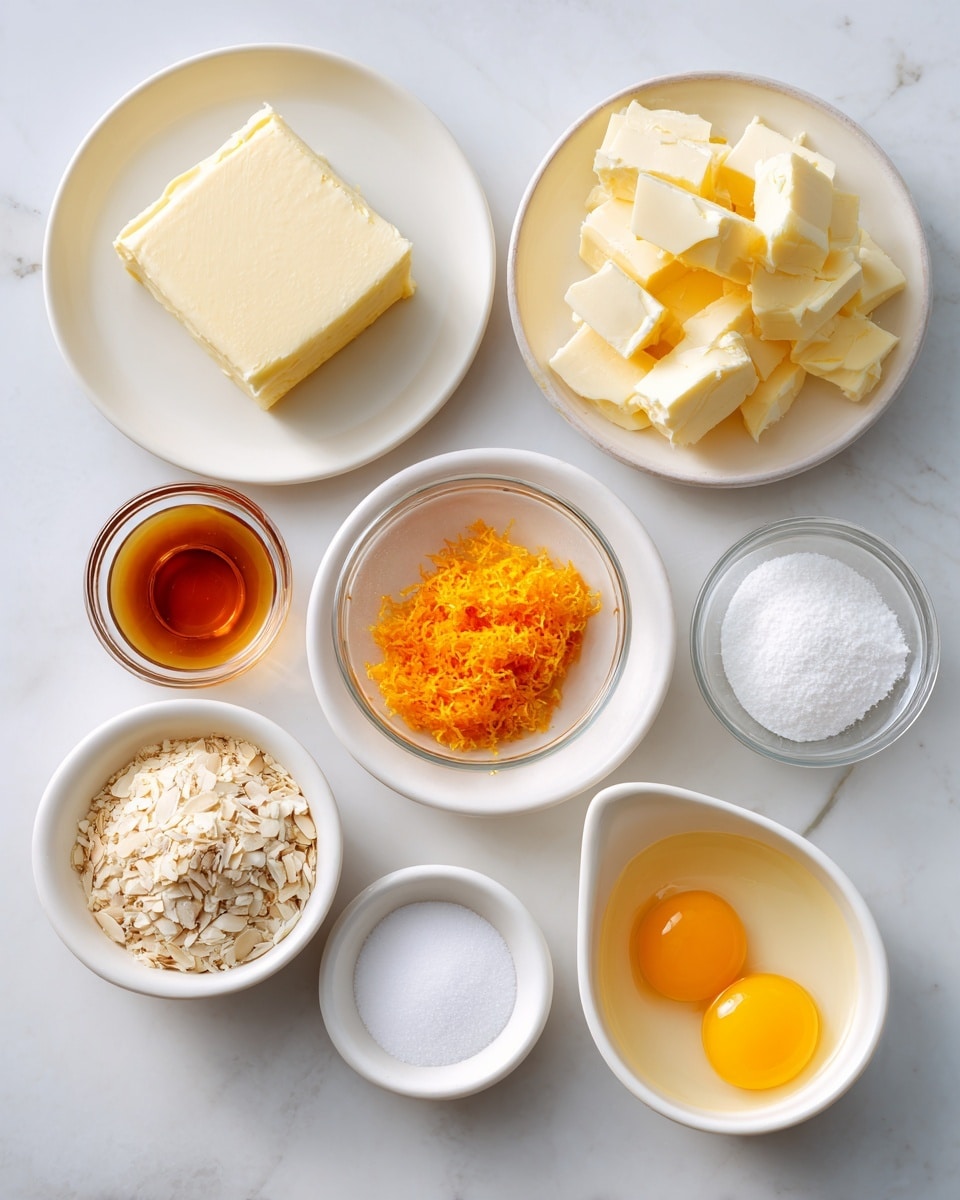 The image shows nine white dishes and bowls arranged on a white marbled surface, each holding different ingredients for baking. At the top left, a white plate holds a square block of pale yellow puff pastry with soft texture. Near it on the right, a white plate holds several chunks of light yellow butter with sharp edges. Below the puff pastry, a small white bowl contains bright orange zest with a fluffy texture. To the left, a tiny white bowl holds amber-colored cognac liquid. Next to the orange zest bowl is a white bowl filled with finely ground almonds, light beige and powdery. To its right, a transparent glass bowl contains white granulated sugar that is smooth and heaped. Below the almond bowl is a tiny white plate holding coarse salt in a small pile with a slightly rough texture. To the right side, a white rounded bowl shows two bright orange egg yolks floating in clear liquid egg white. At the bottom right, a small white bowl contains a yellow, beaten egg wash with a softly textured surface. photo taken with an iphone --ar 4:5 --v 7
