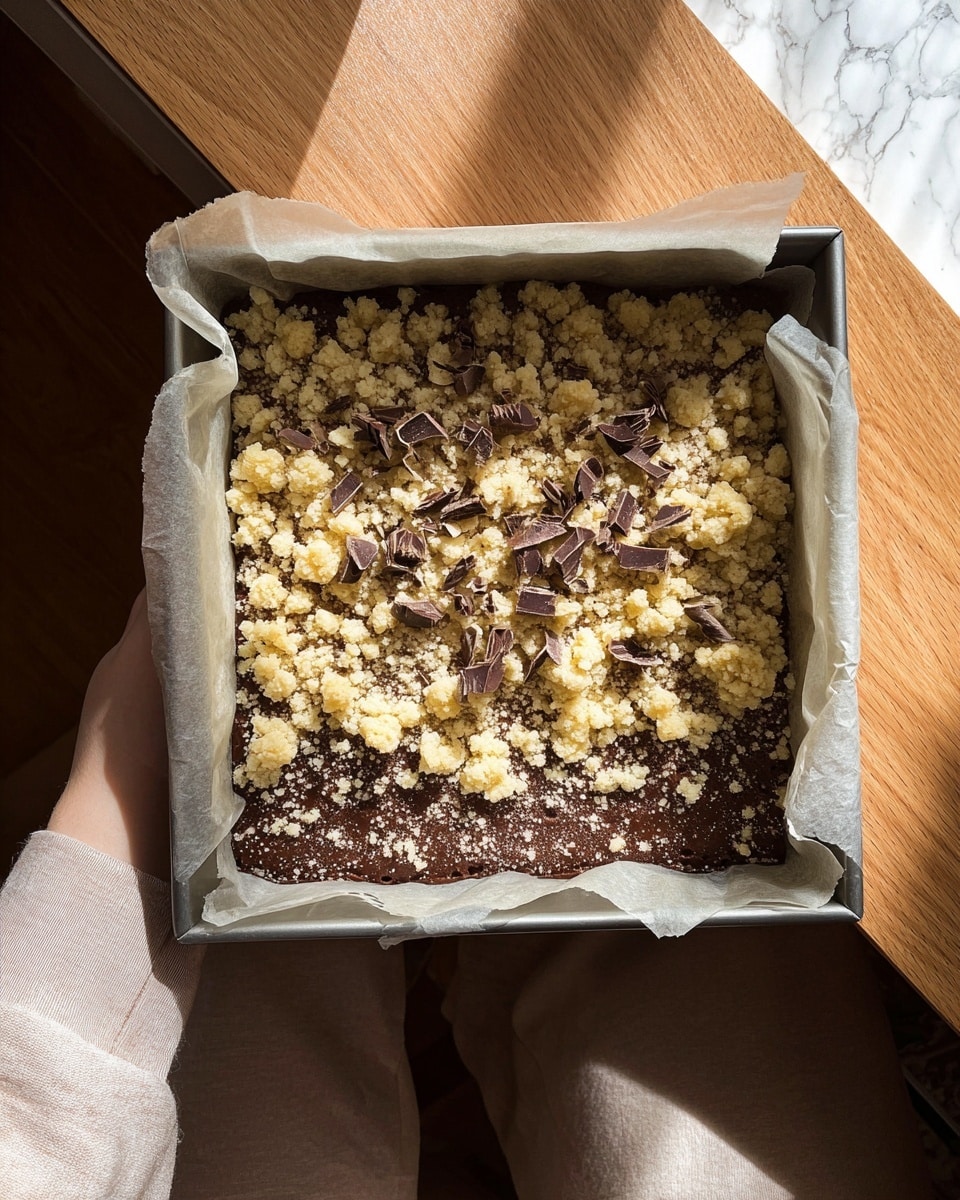 A square metal baking pan lined with parchment paper is filled with a layered dessert. The bottom layer is rich, dark brown chocolate base. On top, there is a crumbly, light yellow streusel layer that is spread unevenly, with some larger crumbs and smaller pieces. Scattered unevenly across the top are small, thin dark chocolate shavings that add texture and contrast. The pan is being held by a woman's hand with a light-colored sleeve visible. The background features a wooden surface and white marbled texture nearby. photo taken with an iphone --ar 4:5 --v 7