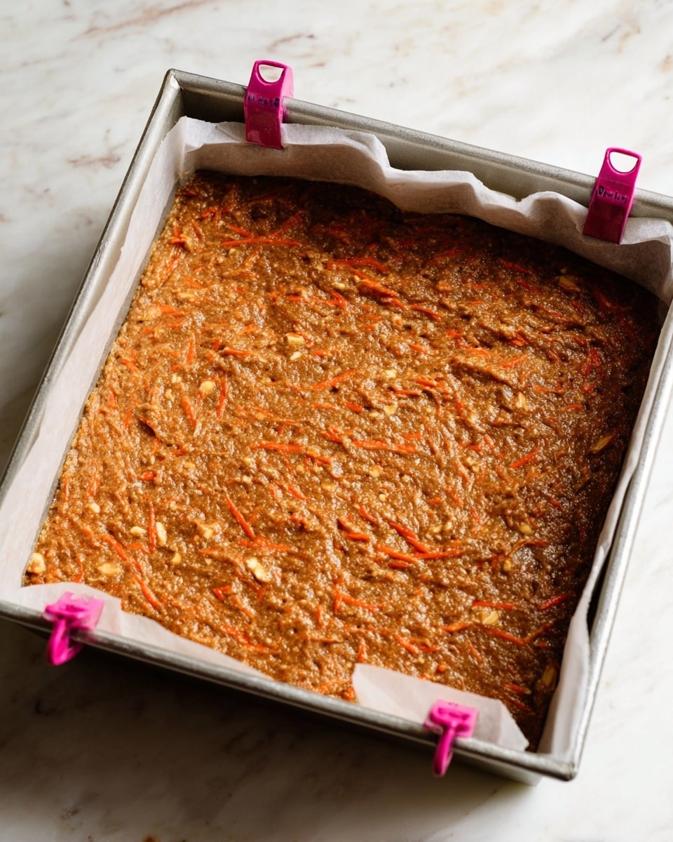 A metal square baking pan lined with white parchment paper clipped by two pink clips holds an even layer of thick, brown batter mixed with thin, bright orange strands of carrot and small nut pieces visible throughout. The batter has a coarse, moist texture and fills the pan with a slightly uneven surface. The pan is placed on a white marbled surface. photo taken with an iphone --ar 4:5 --v 7