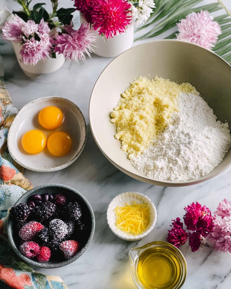 The image shows various baking ingredients arranged on a white marbled surface. There is a large white bowl filled with two layers of dry ingredients: one side has a white powdery flour, and the other side a pale yellow crumbly mixture. Near it is a small white bowl holding three raw eggs with bright yellow yolks and clear whites. A small white dish with bright yellow lemon zest sits beside the eggs. A clear glass container of golden oil is placed nearby. A measuring cup contains frozen mixed berries, with dark purple blackberries and red strawberries dusted in frost. Around everything are colorful floral cloth and bright pink flowers in white pots, adding a fresh, natural touch to the scene. photo taken with an iphone --ar 4:5 --v 7