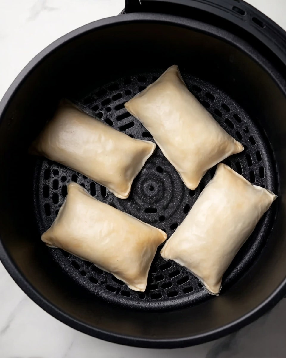 Four uncooked, rectangular wrapped pastries with smooth, pale dough are placed inside a black perforated round air fryer basket. The pastries have slightly rounded edges and are evenly spaced within the basket. The basket's black perforated bottom contrasts with the light color of the pastries, and the overall setup is on a white marbled surface. photo taken with an iphone --ar 4:5 --v 7
