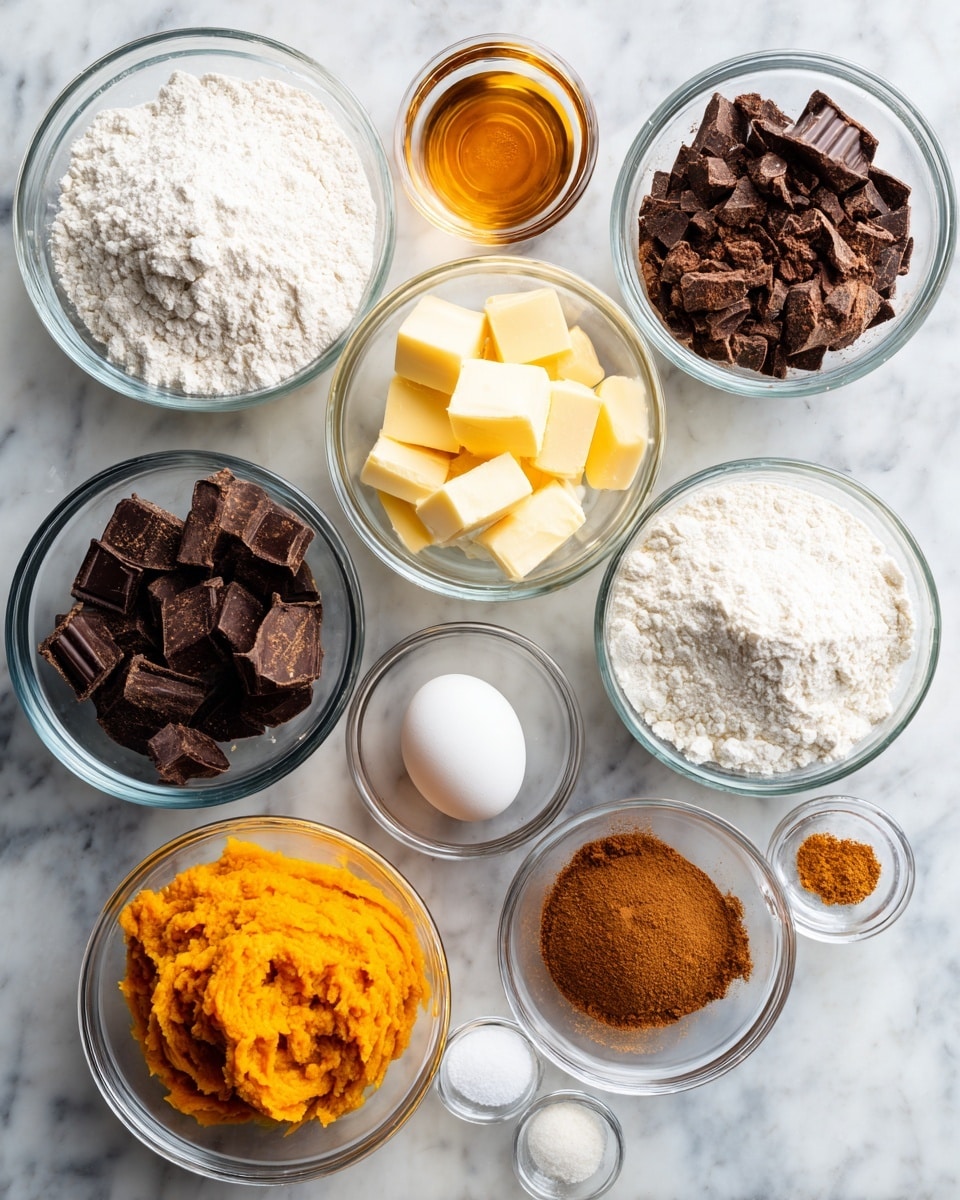 A top-down view of nine glass bowls arranged on a white marbled surface, each filled with different baking ingredients. The bowls contain white flour, bright orange pumpkin puree, light yellow butter chunks, light brown brown sugar, dark chopped chocolate pieces, a single white egg, a small brown pile of pumpkin spice, a small white pile of salt, and a small amount of amber-colored vanilla extract. Each bowl is clear and neatly holds the ingredients, spaced evenly apart in a casual pattern. Photo taken with an iphone --ar 4:5 --v 7