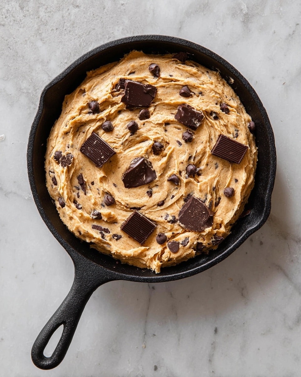 A black cast iron skillet filled with one thick layer of light brown cookie dough mixed with small dark chocolate chunks throughout. On top, there are several larger pieces of dark chocolate scattered unevenly across the dough's smooth, swirled surface. The skillet handle extends downwards, all placed on a white marbled surface. photo taken with an iphone --ar 4:5 --v 7