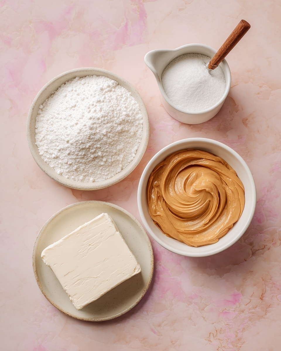 The image shows four separate ingredients arranged on a soft pink background with gentle color veins. At the top right is a small white bowl filled with a swirl of smooth light brown peanut butter. To the left of that is a tiny white cup with a wooden handle, holding white heavy whipping cream. Below the peanut butter and cream is a white bowl filled with a mound of fine, white powdered sugar. At the bottom left, on a small white plate, there is a square block of creamy white cream cheese. Each ingredient is labeled with black text indicating its quantity and name. photo taken with an iphone --ar 4:5 --v 7