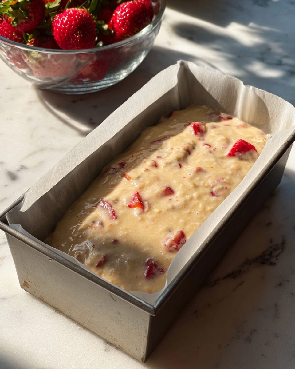 A metal loaf pan lined with white baking paper holds thick batter with a creamy beige color mixed with visible chunks of red strawberries. The batter looks smooth with some bumpy texture from the fruit pieces scattered inside. There is soft light and shadow falling across the surface, partly covering some of the strawberry bits. In the background, a glass bowl filled with whole strawberries sits on a white marbled surface, under natural sunlight. photo taken with an iphone --ar 4:5 --v 7