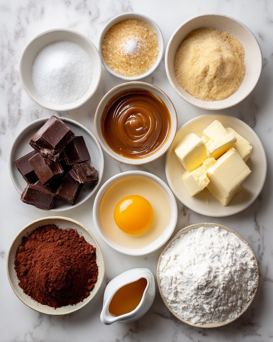 The image shows an overhead view of multiple small white bowls and dishes arranged on a white marbled surface. Each dish holds a different baking ingredient: one with flaked salt, another with white salt, a small bowl of light golden brown sugar, a bowl with a soft caramel-colored sauce, a container holding dark brown chunks of dark chocolate, a small bowl of deep reddish-brown cocoa powder, a plate with pale yellow squares of butter, a round dish with white flour, and a small bowl with a yellow egg yolk beside a whole brown egg; additionally, there is a tiny white jug filled with light amber vanilla extract and a bowl filled with white sugar. Each ingredient is clearly separated and labeled above the containers. Photo taken with an iphone --ar 4:5 --v 7