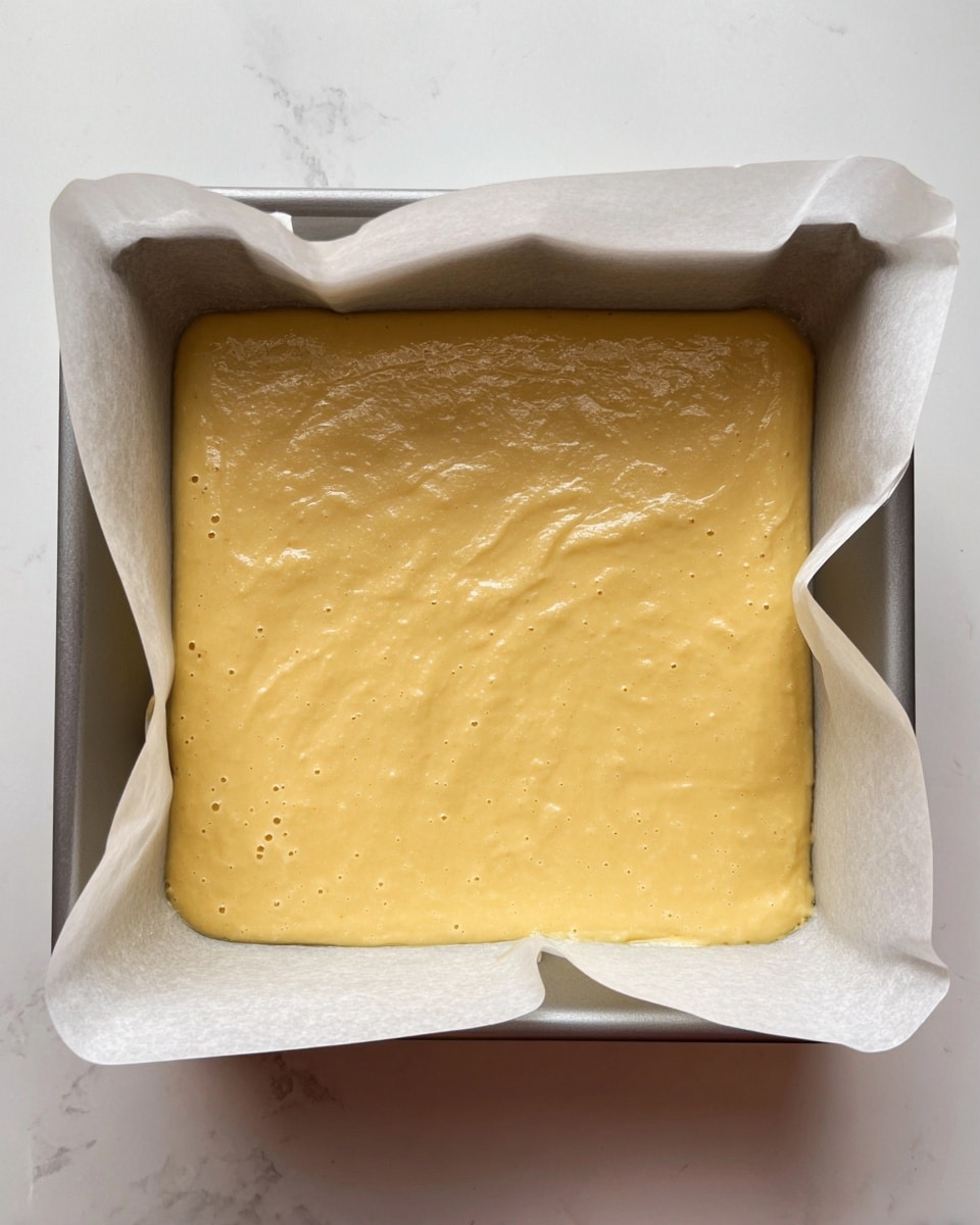 A square metal baking pan lined with white parchment paper holds a smooth, thick layer of pale yellow batter spread evenly inside. The batter’s surface is glossy with small bubbles and a few soft, rounded indentations, showing its wet texture. The pan rests on a white marbled surface, with the parchment paper edges slightly folded over the pan’s sides, framing the batter neatly. Photo taken with an iphone --ar 4:5 --v 7