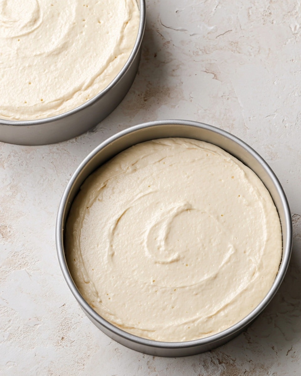 The image shows two round cake pans filled with smooth, light cream-colored batter, each pan nearly full. The batter has a soft, creamy texture with small air bubbles and gentle swirls on the surface. The pans are metallic and rest on a background with a white marbled texture. Only a small part of the second pan is visible in the upper left corner. photo taken with an iphone --ar 4:5 --v 7
