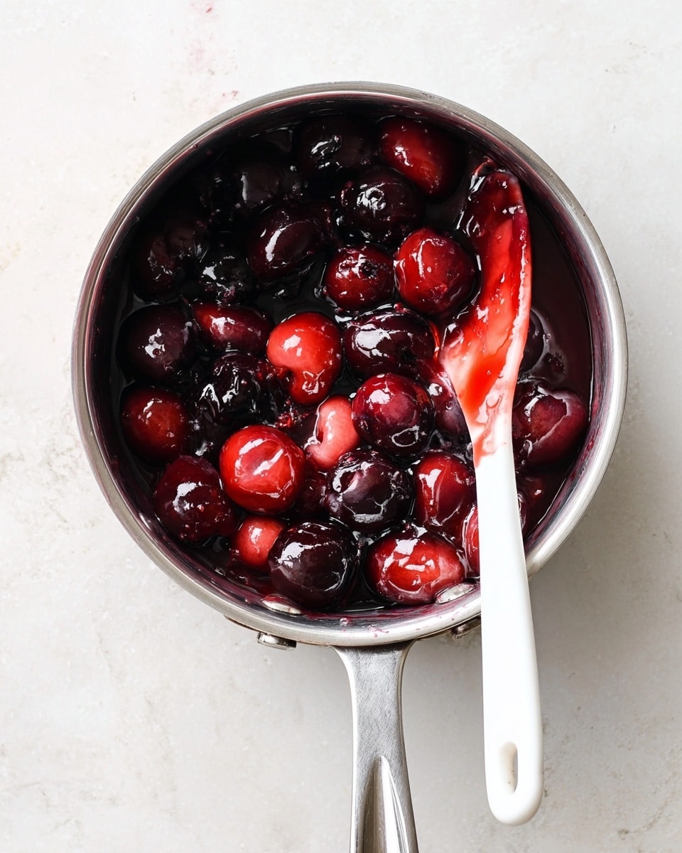 A shiny silver saucepan is filled with dark and red cherries, some whole and some soft, covered in a thick, glossy syrup. A white spatula with a smooth handle rests inside the pan, partially coated with the red syrup. The pan is placed on a white marbled surface, and the light reflects gently on the syrup and metal, showing a fresh and warm cooking moment. photo taken with an iphone --ar 4:5 --v 7