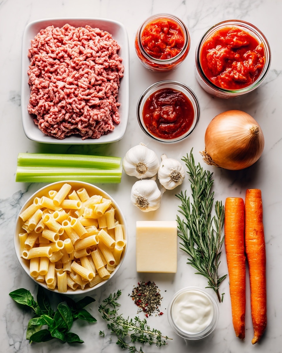The image shows a flat lay of cooking ingredients arranged on a white marbled surface. At the top left, there is a rectangular white tray filled with raw ground beef, pink and textured. To its right are two glass jars filled with bright red crushed tomatoes. Below the beef is a small round clear bowl with deep red tomato paste. In the middle top is a whole brown/yellow onion next to a cluster of garlic cloves, and fresh thyme sprigs nearby. Moving downward, there is a stalk of bright green celery on the left alongside a block of pale yellow parmesan cheese. At the bottom center, a white bowl is filled with dry rigatoni pasta, pale yellow and tube-shaped, labeled with small dried oregano and red chili flakes in clear bowls. To the bottom left is a fresh rosemary sprig, and just above the pasta, vibrant fresh basil leaves. On the right side, a peeled bright orange carrot sits next to a small clear cup of thick, white heavy cream and a small glass container of golden extra virgin olive oil. The whole scene is well lit and clean, with labels marking each ingredient clearly. Photo taken with an iphone --ar 4:5 --v 7