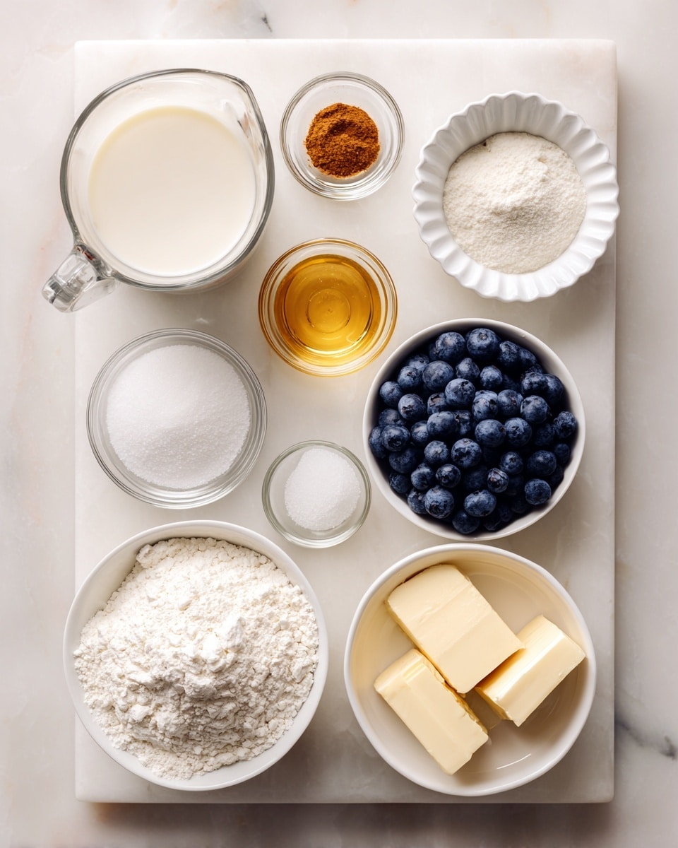 The image shows a white marble board with eight ingredients in white bowls and clear glass containers arranged neatly on it. Starting at the top left, there is a clear glass measuring cup filled with almond milk, next to it on the right is a white fluted small bowl with white baking powder and brown nutmeg powder. Below the almond milk is a small clear glass bowl with a clear liquid, labeled lemon extract. To its right is a white bowl filled with fresh blueberries. Below the lemon extract is a white bowl with white sugar, and to the right of the sugar is a clear glass bowl containing creamy, off-white dairy-free yogurt. At the bottom left is a white bowl heaped with white flour, and next to it on the right is a white fluted small bowl holding two rectangular slices of light yellow dairy-free salted butter. The whole setup is on a white marbled surface. photo taken with an iphone --ar 4:5 --v 7