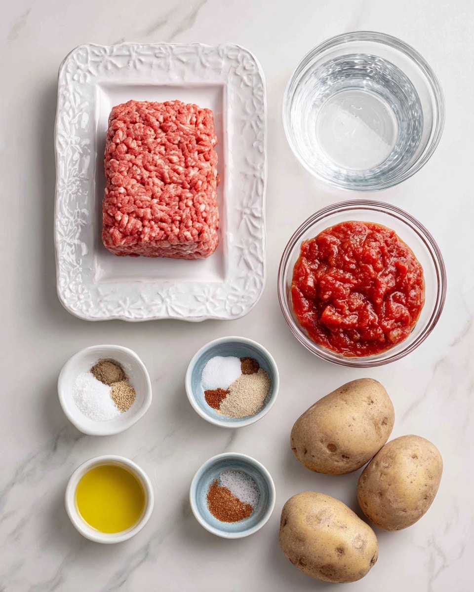 The image shows raw ingredients arranged neatly on a white marbled surface. In the top left, there is a white ornate rectangular plate holding a block of pink lean ground beef with a textured surface. To its right, a clear glass bowl contains clear water, and below it, another clear glass bowl is filled with chunky red salsa. Below the beef and salsa, there are five russet potatoes with light brown, rough skins spread out across the surface. Small blue bowls hold coarse white salt, light beige onion powder, and light tan garlic powder. Two small white bowls contain light brown taco seasoning and dark brown cumin. A round clear bowl holds yellow oil at the bottom left. All the bowls and plates are placed on the white marbled surface in an orderly fashion. photo taken with an iphone --ar 4:5 --v 7