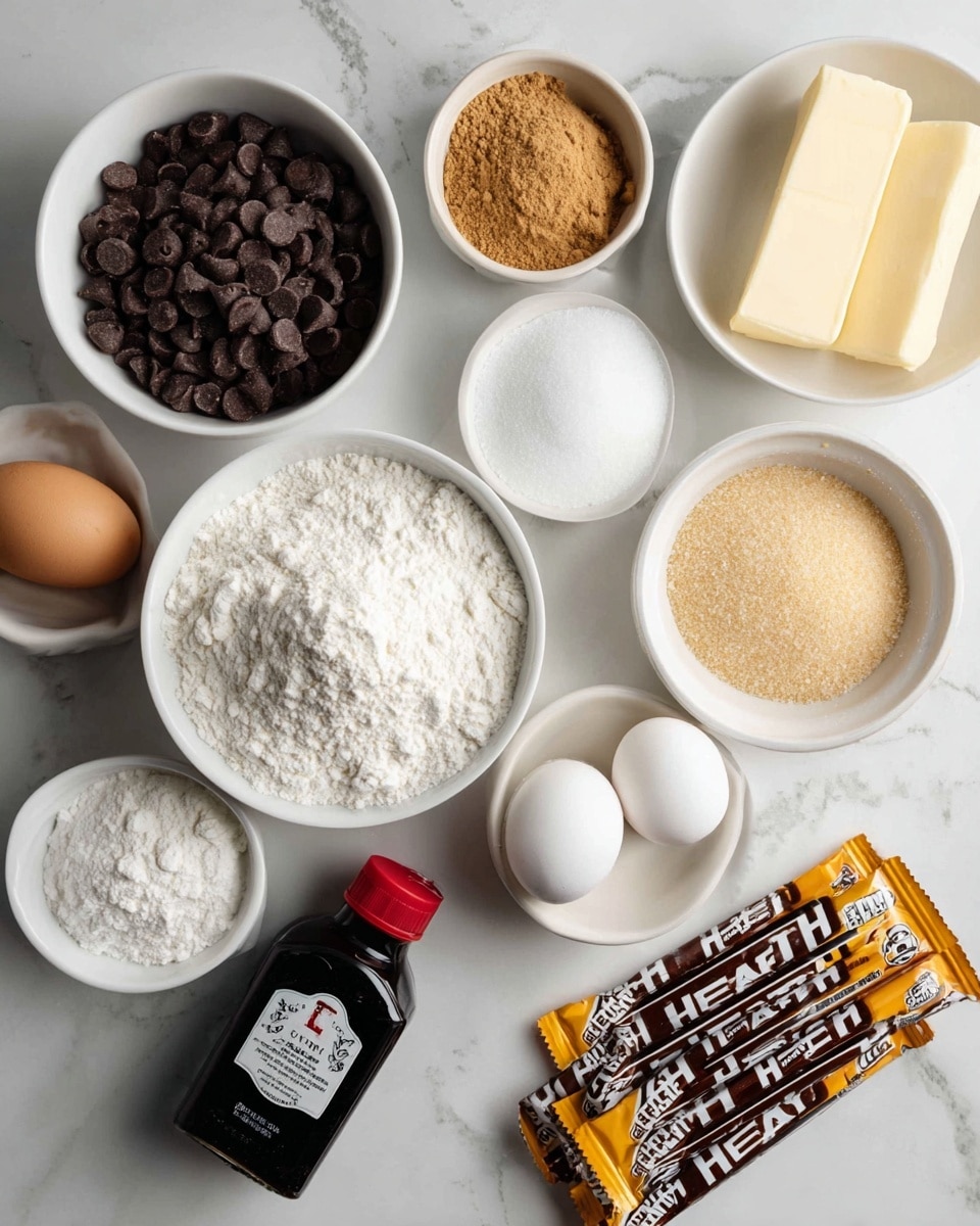 The image shows several white bowls arranged on a white marbled surface, each filled with different baking ingredients for cookies. There is one bowl with dark brown chocolate chips, another with a light tan brown sugar, and a third bowl with white flour that has a soft, powdery texture. Two white eggs rest in a small white bowl, while two rectangular sticks of pale yellow butter sit in a larger white bowl. A small white bowl contains baking agents with white powders and a small round white egg-shaped ingredient. A black bottle with a red cap of vanilla extract is placed near a bowl filled with white granulated sugar. Three Heath candy bars with shiny dark brown wrappers and bright yellow