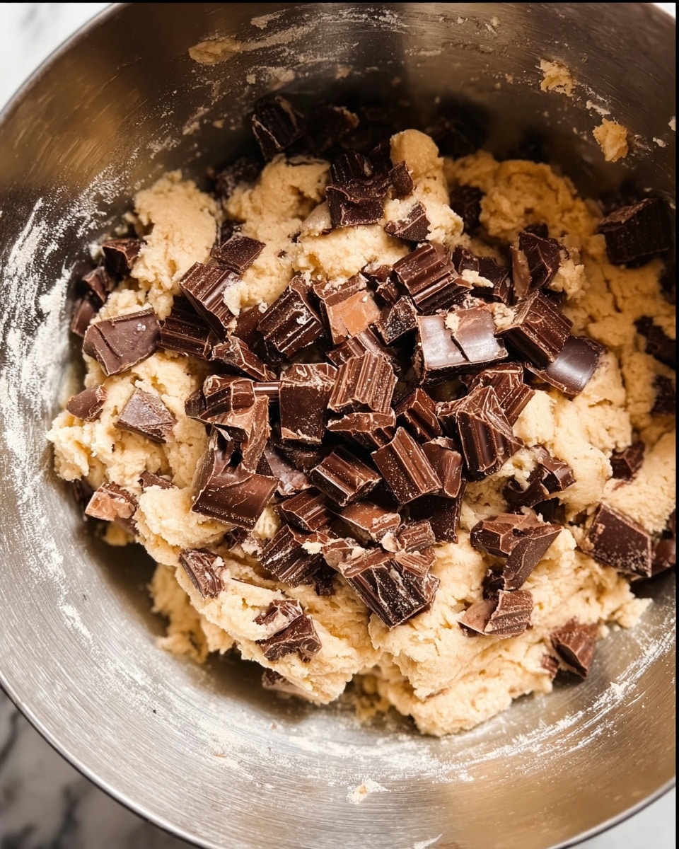 A close-up view of a silver mixing bowl filled with a pale beige cookie dough base, topped generously with dark chocolate chunks and smaller pieces of milk chocolate scattered across the surface. The dough looks soft and lumpy, with rough edges where it meets the bowl’s interior. The chocolate pieces add a mix of smooth, shiny, and slightly textured brown tones on top. The image shows some flour dusting on the chocolate and dough. The background is a white marbled surface. photo taken with an iphone --ar 4:5 --v 7