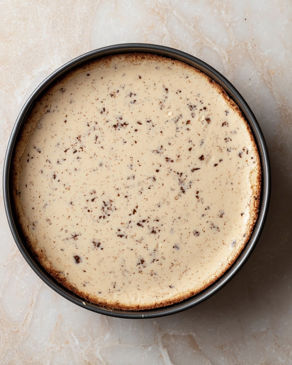 A round dessert with two visible layers inside a dark baking pan, placed on a white marbled surface; the bottom layer is a light brown crust with smooth edges, while the top layer is creamy beige with small dark brown specks evenly spread throughout, creating a slightly textured look. photo taken with an iphone --ar 4:5 --v 7