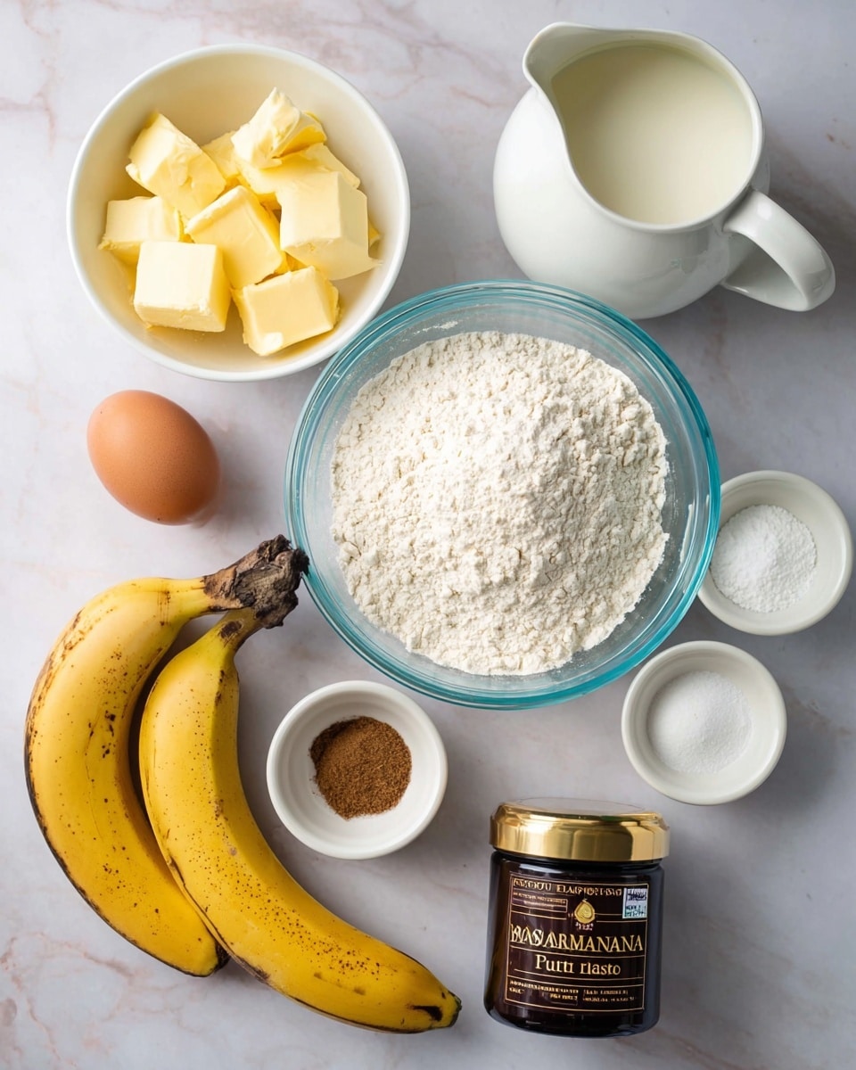 The image shows several baking ingredients arranged on a white marbled surface. In the center, there is a clear glass bowl filled with white flour. Above it to the right is a white ceramic pitcher filled with milk. To the left of the pitcher is a small white bowl holding chunks of yellow butter. Below the butter bowl is a brown egg. On the lower left side, there is a ripe yellow banana with some dark spots. Near the banana, three small white bowls contain brown sugar, white powdered ingredient, and salt respectively. On the bottom right, there is a small black jar labeled