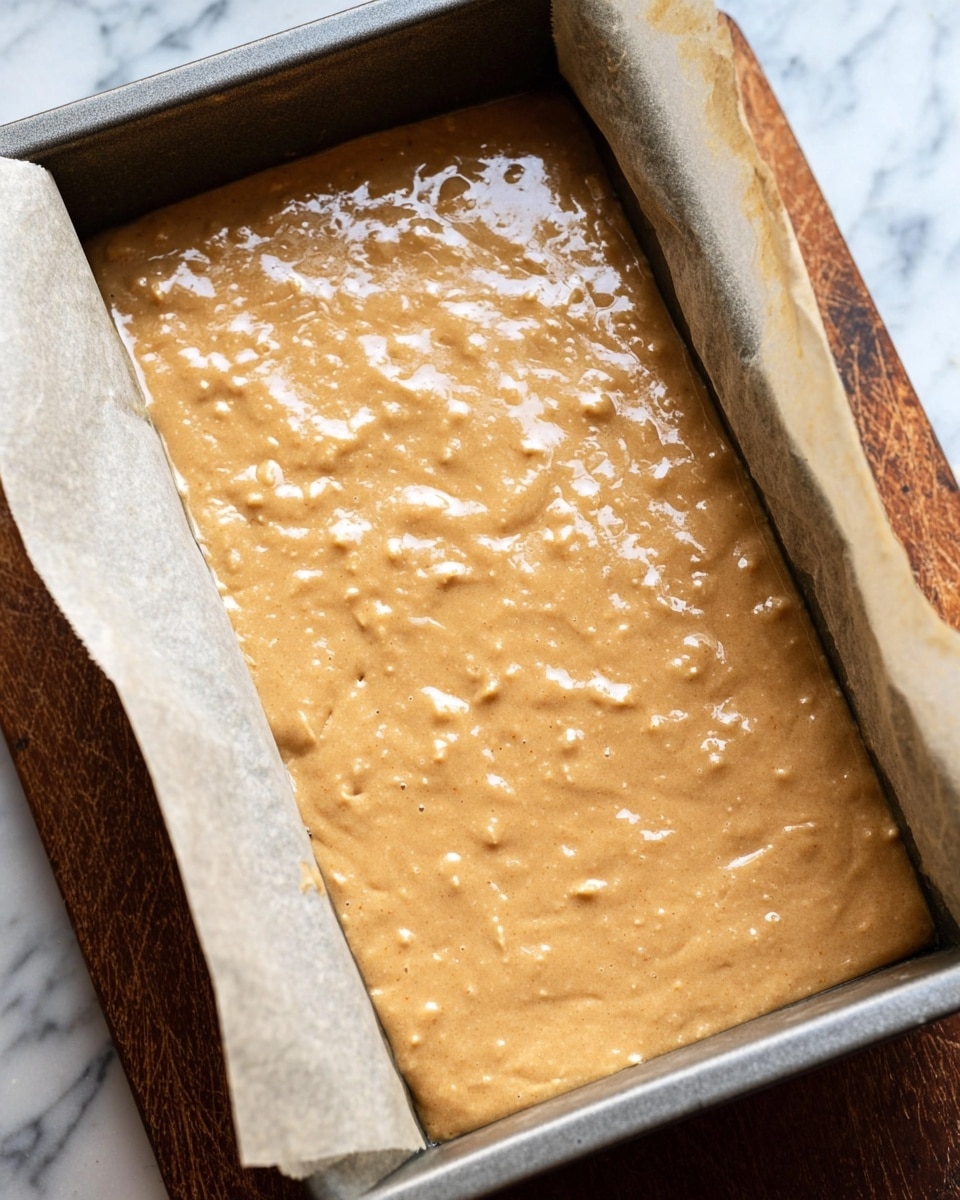 A close-up view of a rectangular metal pan lined with parchment paper, filled with a thick, light brown batter that has a slightly bumpy texture with small lumps and uneven surface, showing a wet and smooth consistency with a few shiny spots. The pan is placed on a white marbled surface. photo taken with an iphone --ar 4:5 --v 7