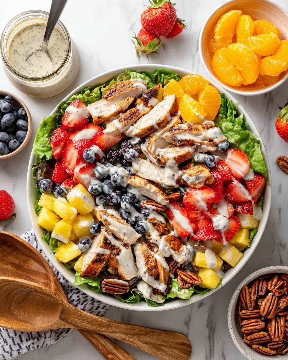 A large white bowl filled with a layered fruit and chicken salad sits on a white marbled surface. The bottom layer is green lettuce leaves, then slices of grilled chicken with light brown grill marks are scattered on top. There are bright red strawberry slices, orange mandarin segments, yellow pineapple chunks, and small dark blueberries mixed throughout. Brown pecans add crunch, and a creamy white dressing with small black seeds is drizzled over everything. Around the bowl, there are smaller white bowls holding extra mandarin slices, blueberries, pineapple pieces, and pecans, along with a glass jar of dressing with a spoon next to wooden salad servers. photo taken with an iphone --ar 4:5 --v 7