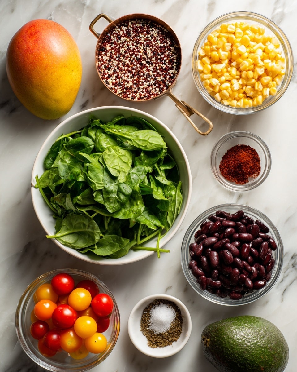 The image shows a flat lay of fresh ingredients arranged on a white marbled surface. In the center is a white bowl full of bright green chopped spinach leaves. Above it is a small brass cup filled with dry quinoa, showing red, white, and black grains, with the handle pointing to the left. To the right of the quinoa cup is a small clear glass bowl with yellow corn kernels. Below the corn is another clear glass bowl filled with dark black beans. Below the spinach bowl to the left is a small white bowl holding a mix of small cherry tomatoes in red, yellow, and orange colors. Near the tomatoes is a small white bowl containing dark chili powder. On the left side of the image is a whole yellow-red mango, and near the beans on the lower right is a whole dark green avocado. The overall look is clean, fresh, and colorful with all items spaced evenly on the white marbled background photo taken with an iphone --ar 4:5 --v 7
