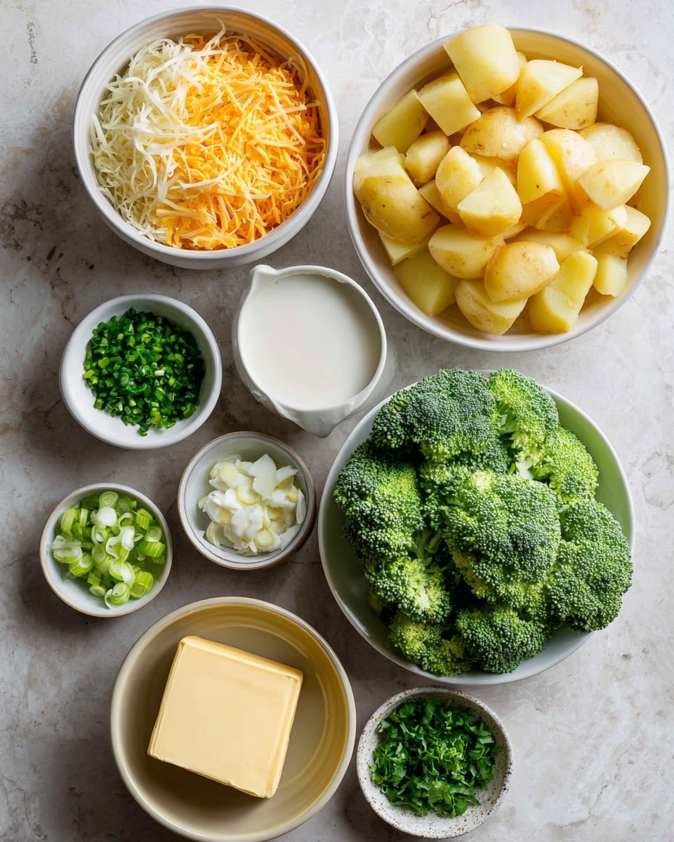 The image shows seven white bowls and one small beige dish arranged on a white marbled surface. The top right large white bowl is filled with peeled and cubed yellow potatoes. To its left, a large white bowl contains a mix of shredded orange and white cheese. Below that, a large white bowl is filled with fresh bright green broccoli florets. To the right of the broccoli is a small white bowl holding white cream or milk. Below this, a small beige dish contains a thick light yellow block of butter. To the left of the butter, a small white bowl holds chopped green onions, and above that, another small white bowl contains finely chopped fresh green parsley. Finally, at the top left corner, a small white bowl is filled with finely chopped garlic. Photo taken with an iphone --ar 4:5 --v 7