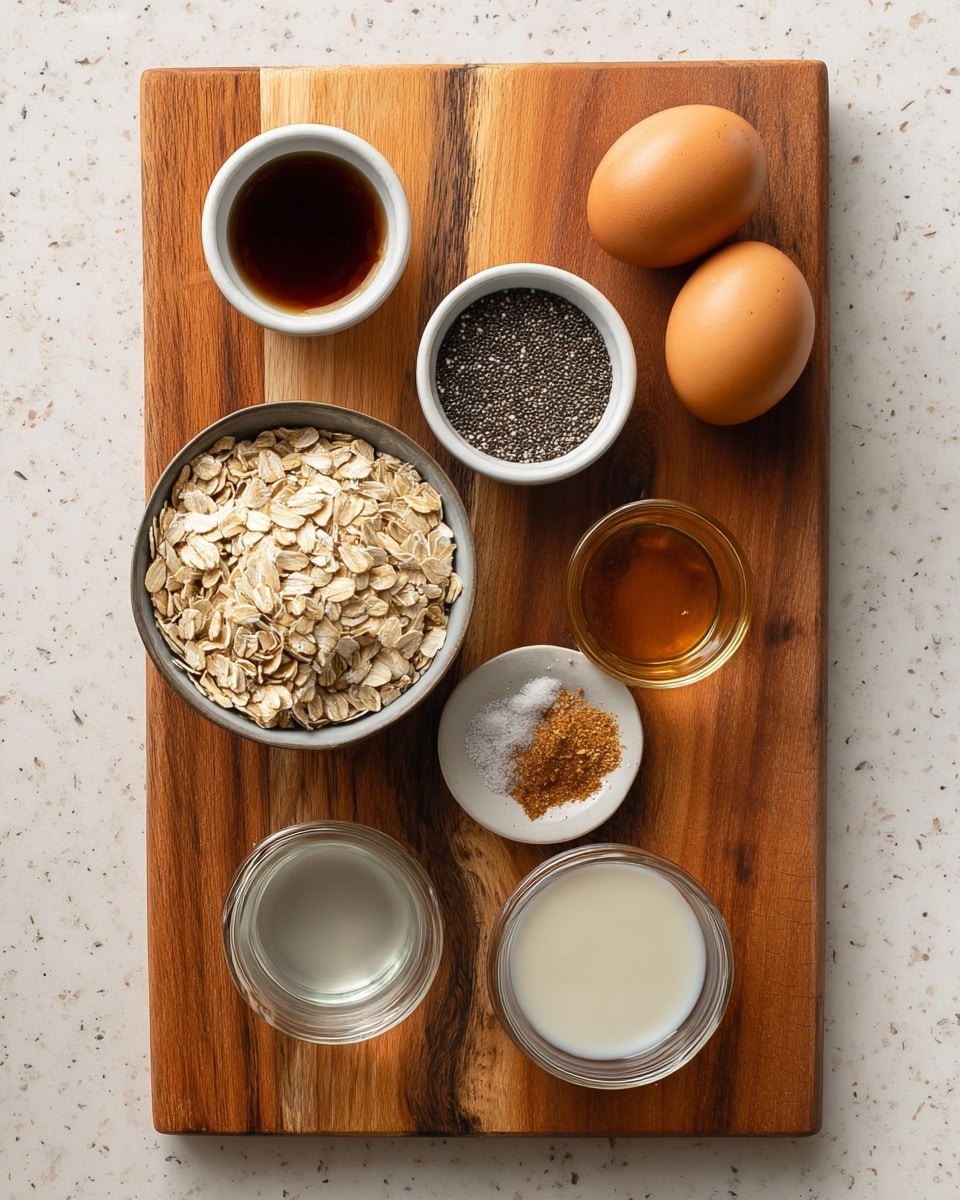 A top-down view of a wooden cutting board with several small bowls and ingredients arranged neatly on it, placed on a white marbled surface. There are two brown eggs on the upper right side of the board. To the left of the eggs, there are three small white bowls, the top one filled with dark brown liquid, the middle one filled with black and white chia seeds, and the bottom one holding a small pile of light brown powder with some white salt. Below these bowls, there is a clear glass bowl filled with rolled oats, and next to it, a small white bowl with a brown liquid. Two clear glass containers with white and clear liquids are placed below the bowls of oats and spices, completing the arrangement photo taken with an iphone --ar 4:5 --v 7