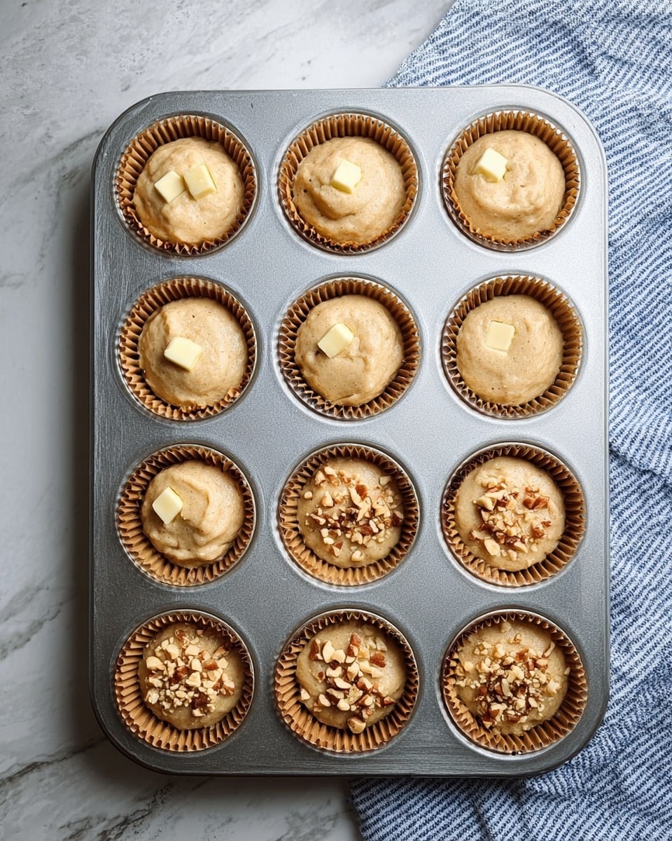 A metal muffin tray holds twelve cups lined with brown paper liners, each filled with light beige batter. The batter in the first column has small dollops of pale yellow butter on top in four cups, while the middle column is just plain batter. The third column has chopped nuts sprinkled over the batter in each of its four cups. The tray rests on a white marbled surface with a blue and white striped cloth on the right side. The lighting is soft and natural, highlighting the smooth, slightly lumpy texture of the batter. Photo taken with an iphone --ar 4:5 --v 7