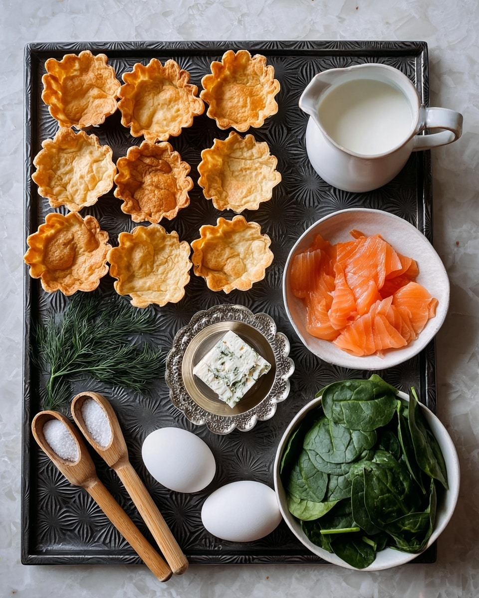 A black textured tray sits on a white marbled surface holding several ingredients. On the top left, there are twelve golden-brown crispy tart shells arranged in loose rows. To the right, a white small pitcher filled with milk stands. Below the tart shells, two wooden measuring spoons with white powder and salt rest side by side. At the bottom left, a small white bowl contains fresh green dill sprigs. Next to it, a single white egg lies alone. In the middle right, a white bowl holds thin, bright orange slices of smoked salmon, while a small silver fluted dish above it contains a white square of herb-topped soft cheese. In the bottom right corner, a portion of fresh dark green spinach leaves sits in a white bowl. Photo taken with an iphone --ar 4:5 --v 7
