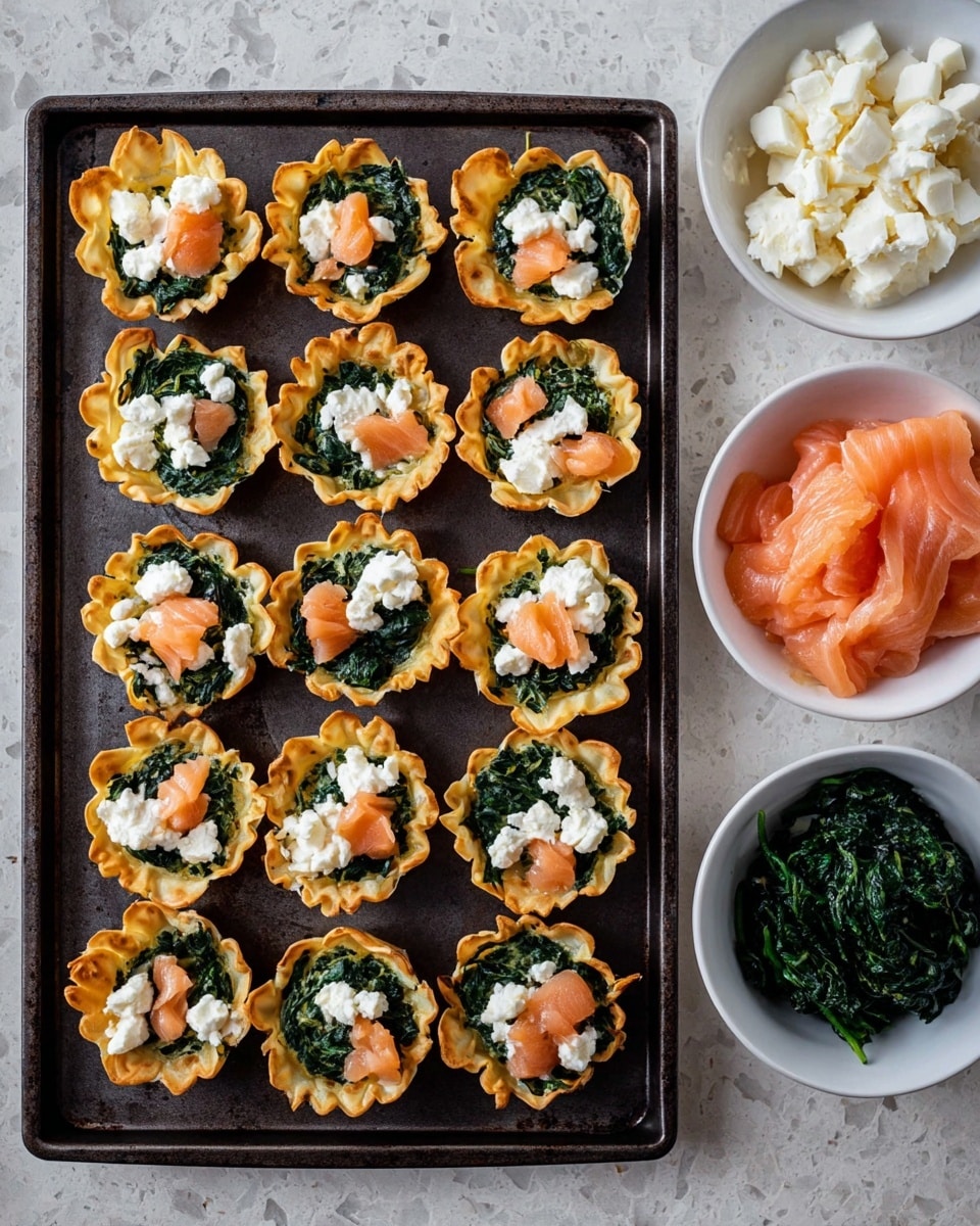 A dark baking tray holds fifteen small, crispy golden cups arranged in neat rows, each cup filled with three layers: a base of bright green cooked spinach, soft white cheese dollops, and small pieces of light pink smoked salmon on top. To the right side of the tray, there are three white bowls; one filled with more cooked spinach, one with soft white cheese chunks, and one with slices of pink smoked salmon. All of this is set on a white marbled surface. photo taken with an iphone --ar 4:5 --v 7